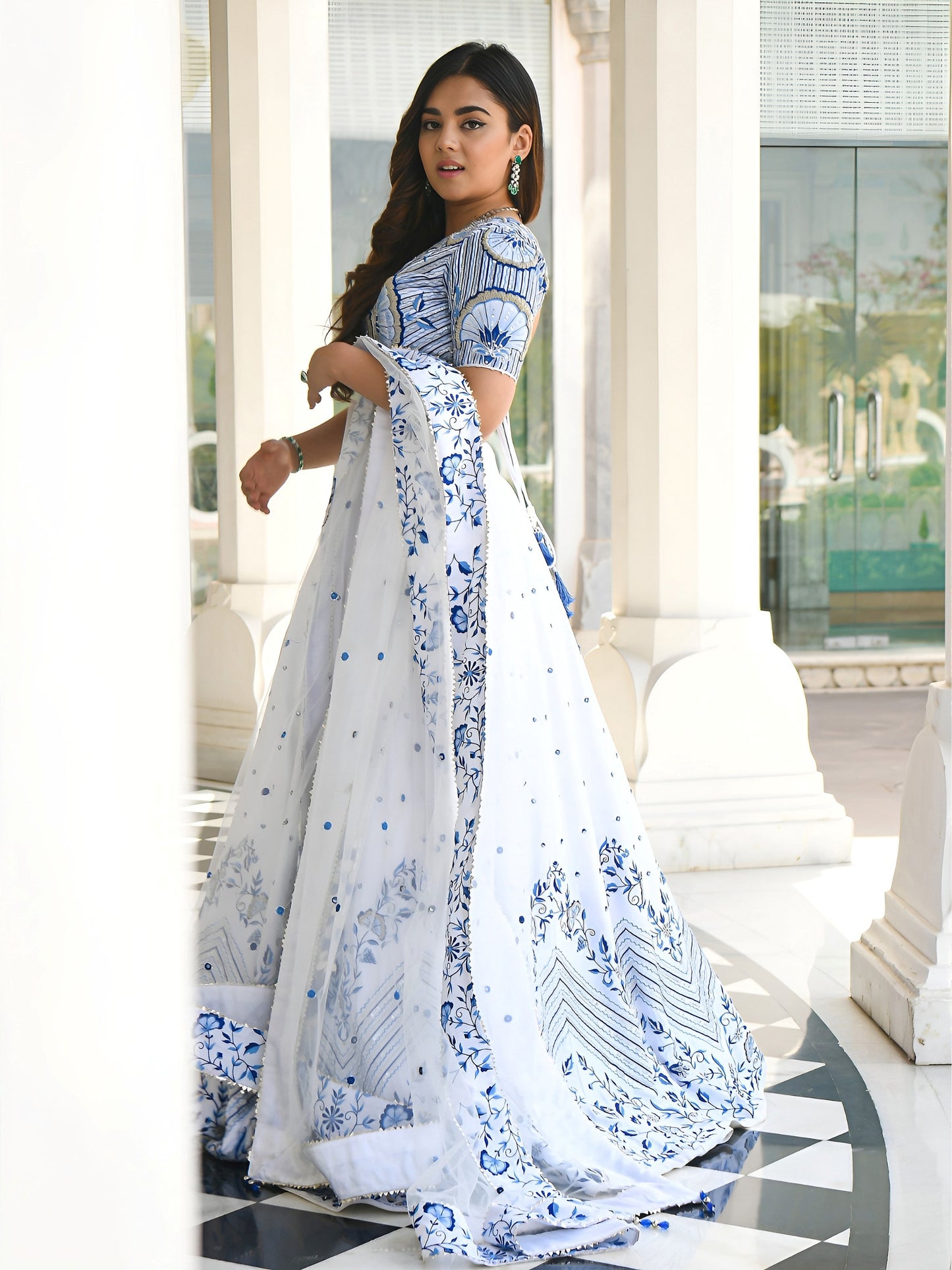 Women's Lehenga Choli in White Satin with Blue Zari Thread and Sequins Embroidery