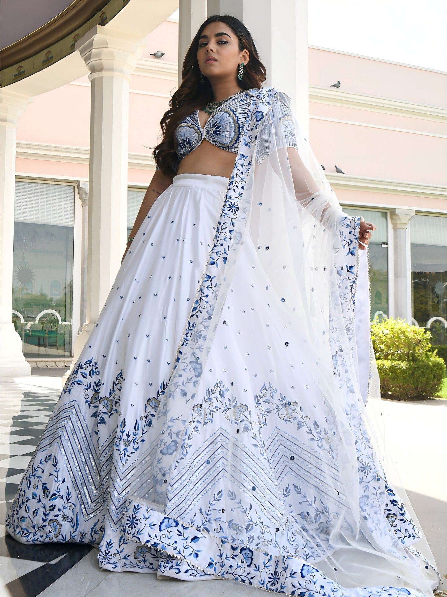 Women's Lehenga Choli in White Satin with Blue Zari Thread and Sequins Embroidery
