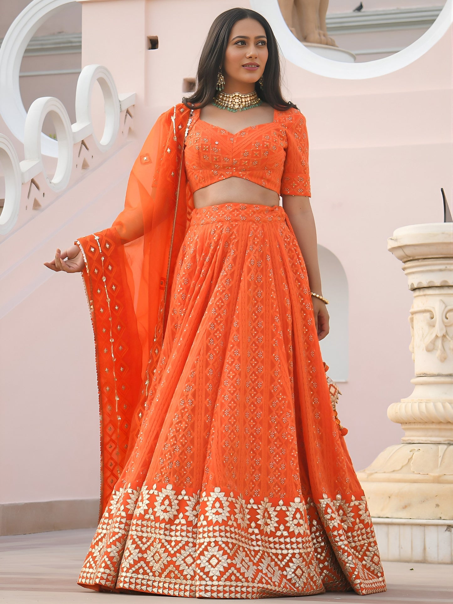 Women's Lehenga Choli in Orange Georgette with Thread, Sequins and Gottapatti Embroidery