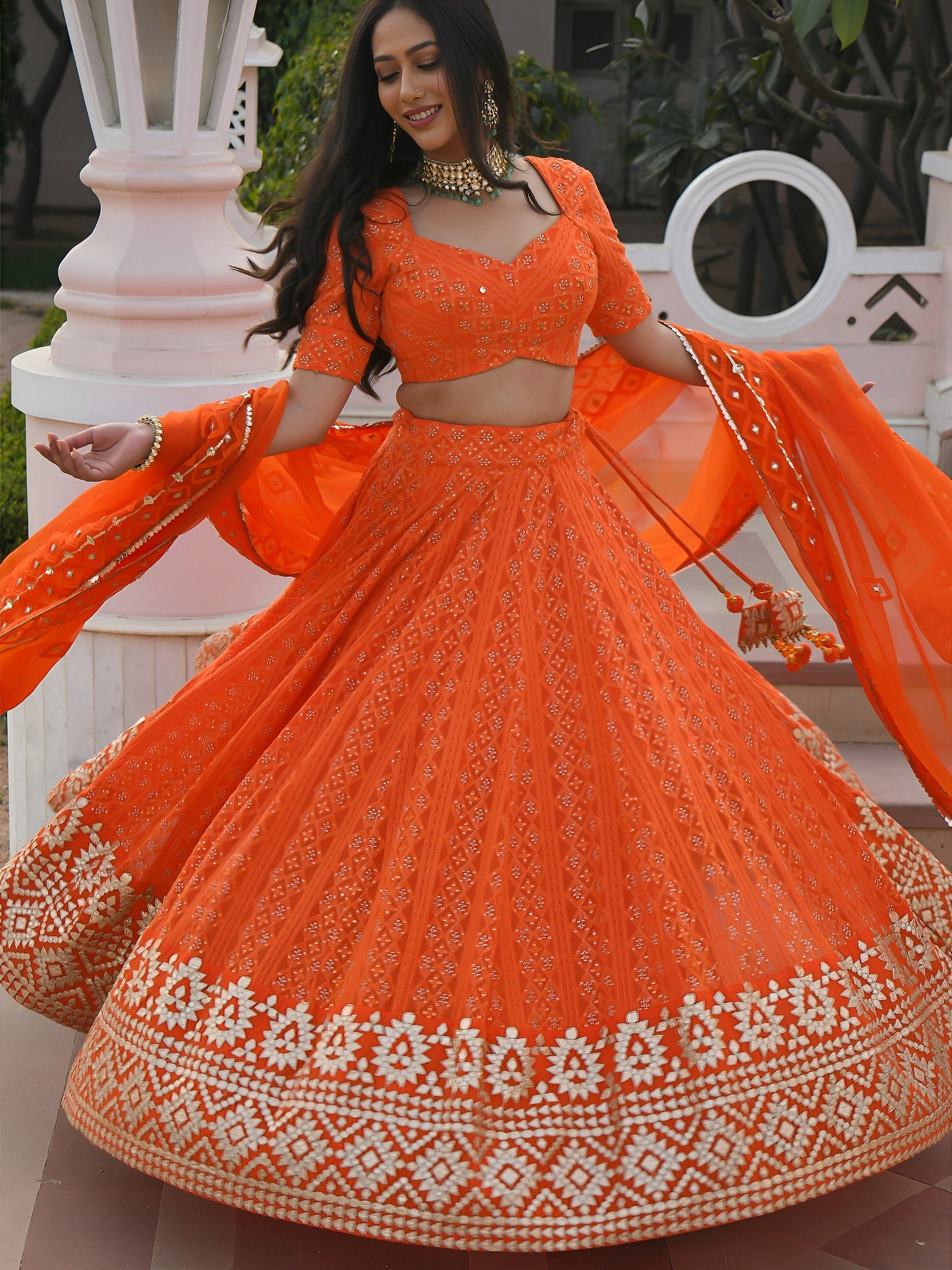 Women's Lehenga Choli in Orange Georgette with Thread, Sequins and Gottapatti Embroidery