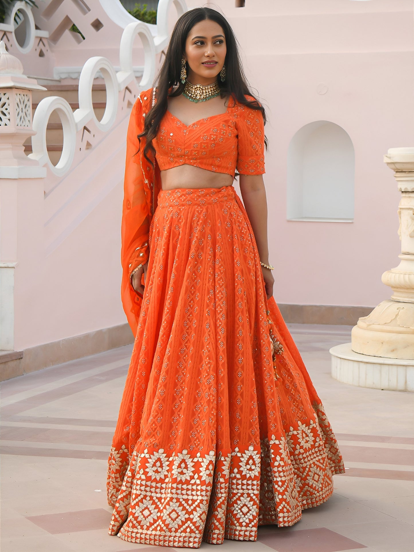 Women's Lehenga Choli in Orange Georgette with Thread, Sequins and Gottapatti Embroidery
