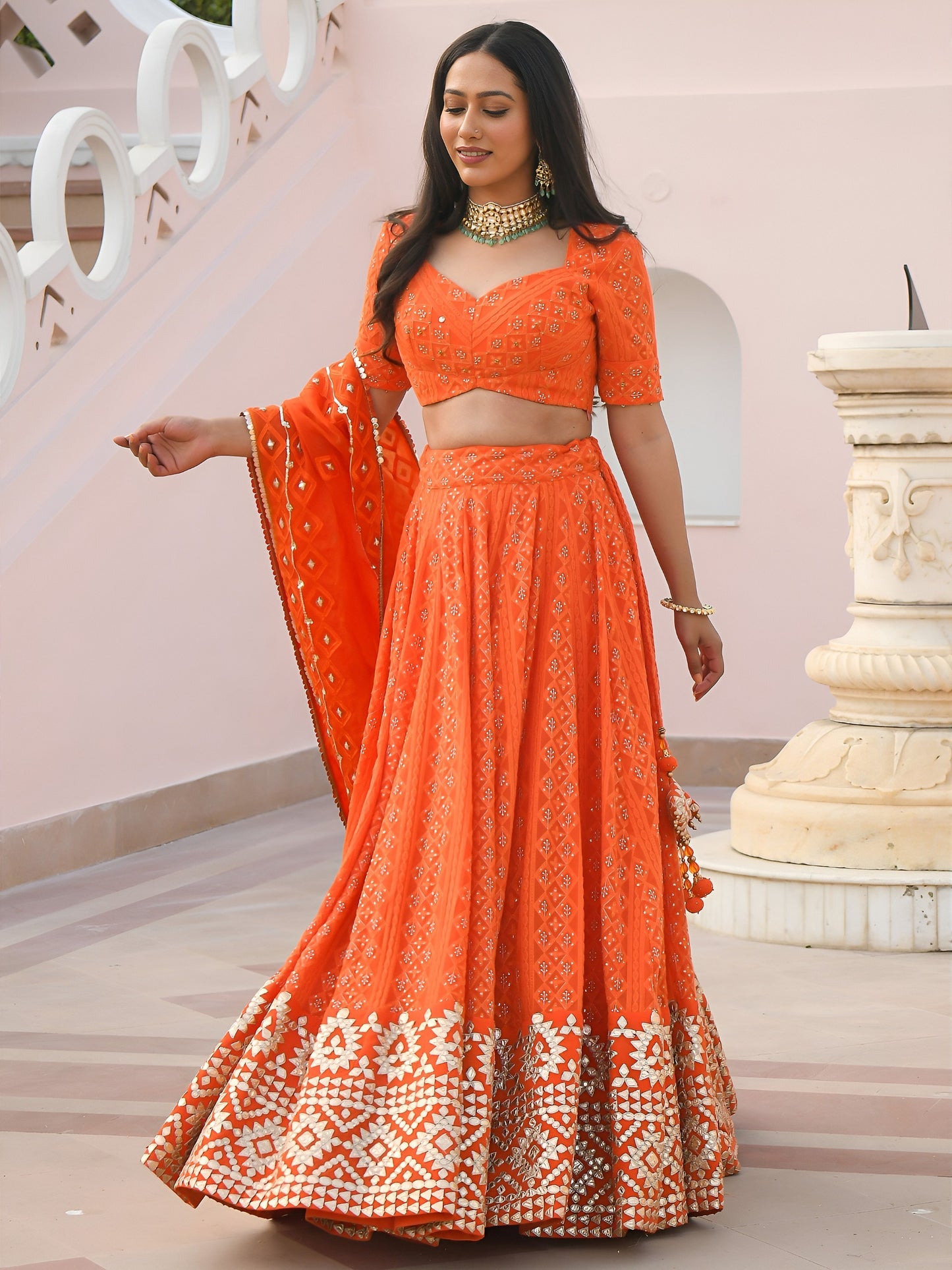 Women's Lehenga Choli in Orange Georgette with Thread, Sequins and Gottapatti Embroidery