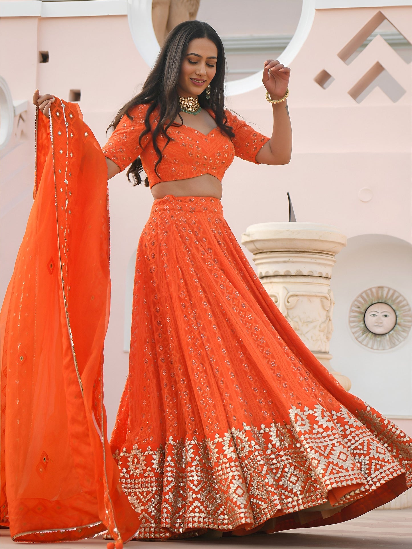Women's Lehenga Choli in Orange Georgette with Thread, Sequins and Gottapatti Embroidery