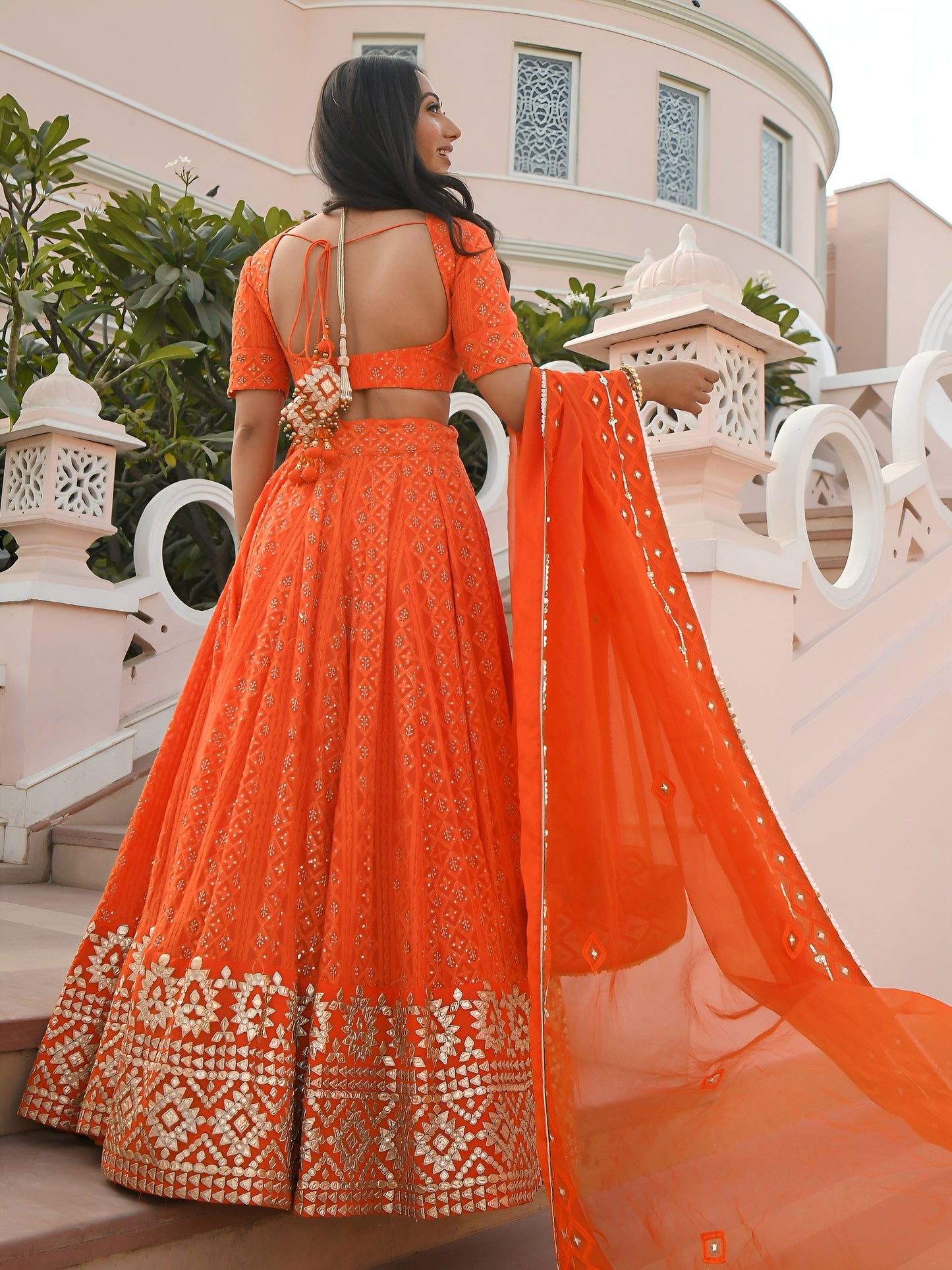 Women's Lehenga Choli in Orange Georgette with Thread, Sequins and Gottapatti Embroidery