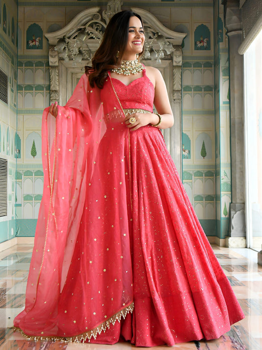 Women's Lehenga in Coral Pink Georgette with Thread & Sequins Embroidery