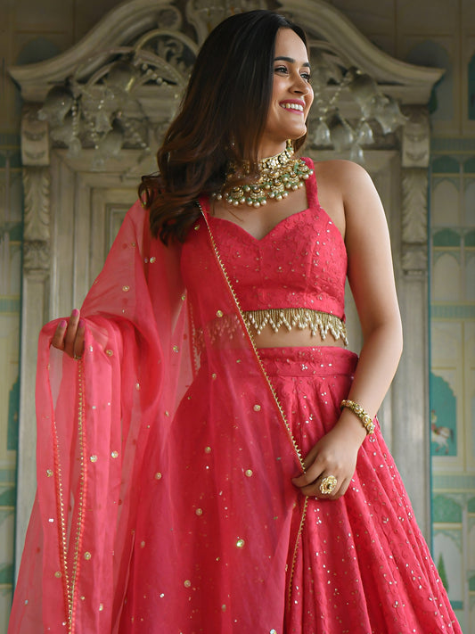 Women's Lehenga in Coral Pink Georgette with Thread & Sequins Embroidery