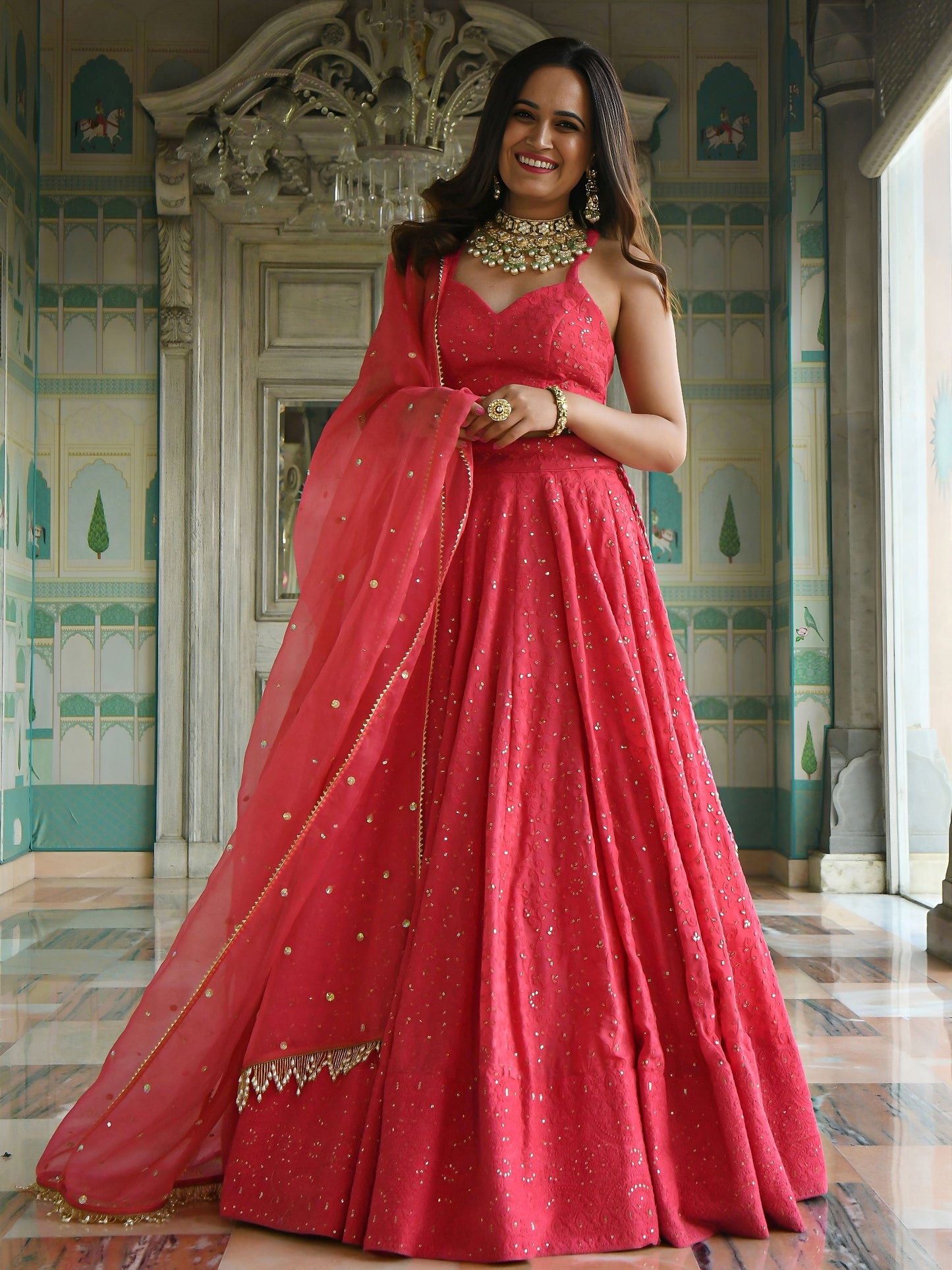 Women's Lehenga in Coral Pink Georgette with Thread & Sequins Embroidery