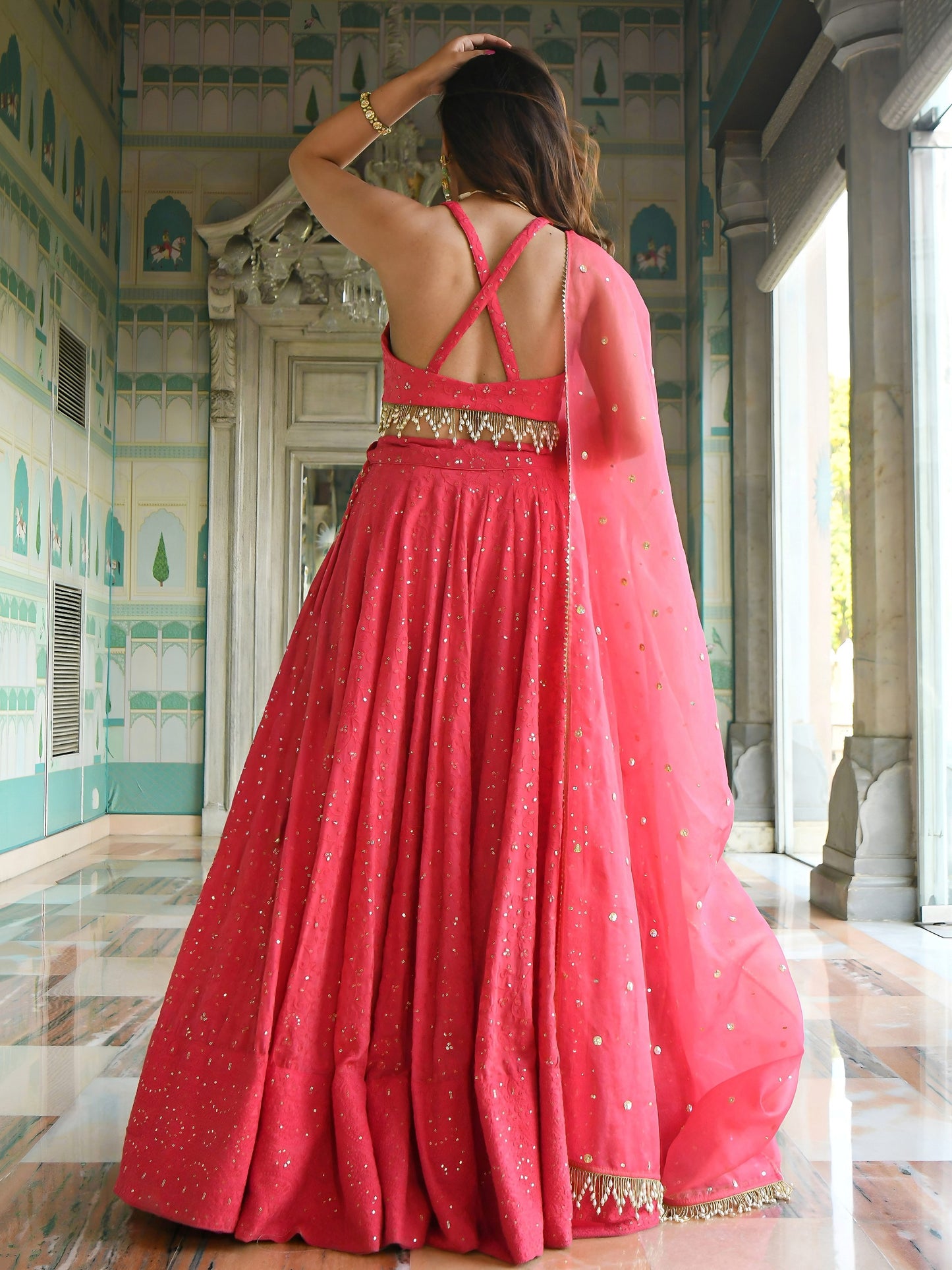 Women's Lehenga in Coral Pink Georgette with Thread & Sequins Embroidery