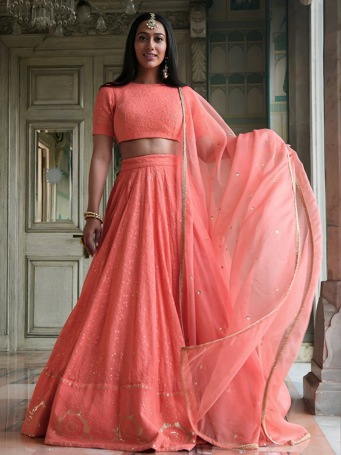Women's Lehenga in Peach Coral Georgette with Thread & Sequins Embroidery