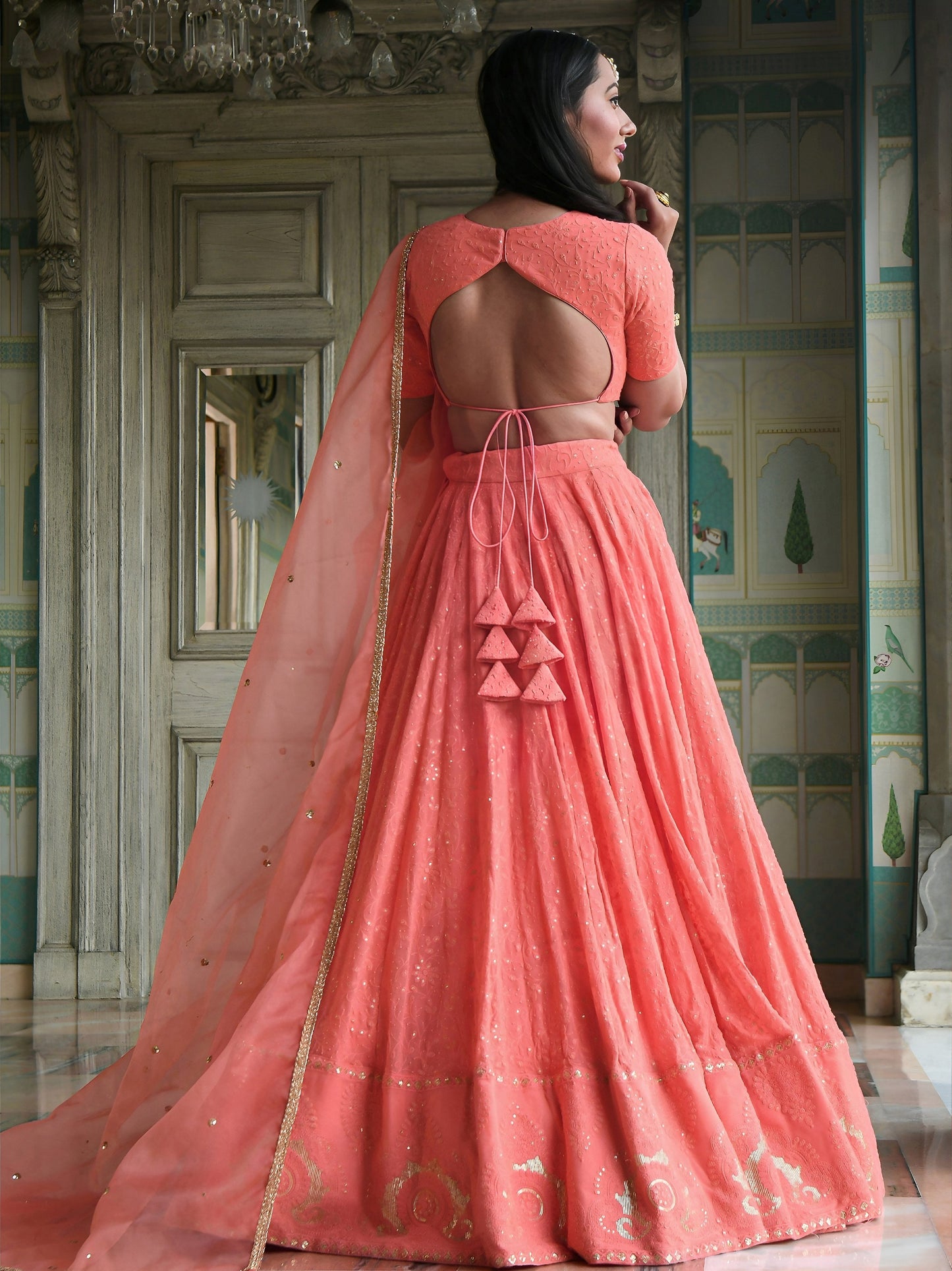 Women's Lehenga in Peach Coral Georgette with Thread & Sequins Embroidery