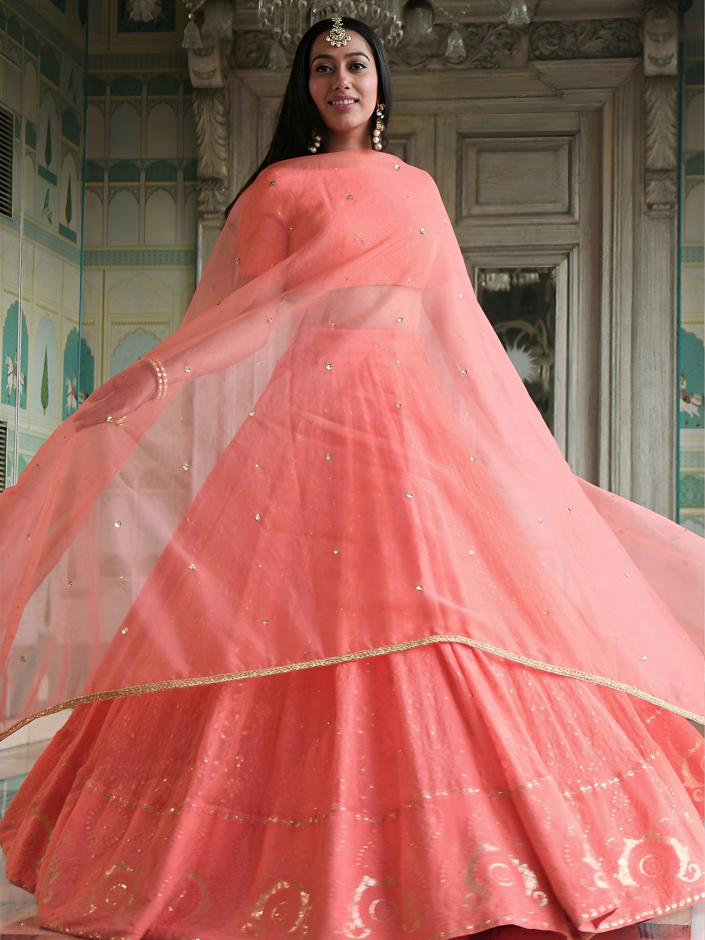 Women's Lehenga in Peach Coral Georgette with Thread & Sequins Embroidery