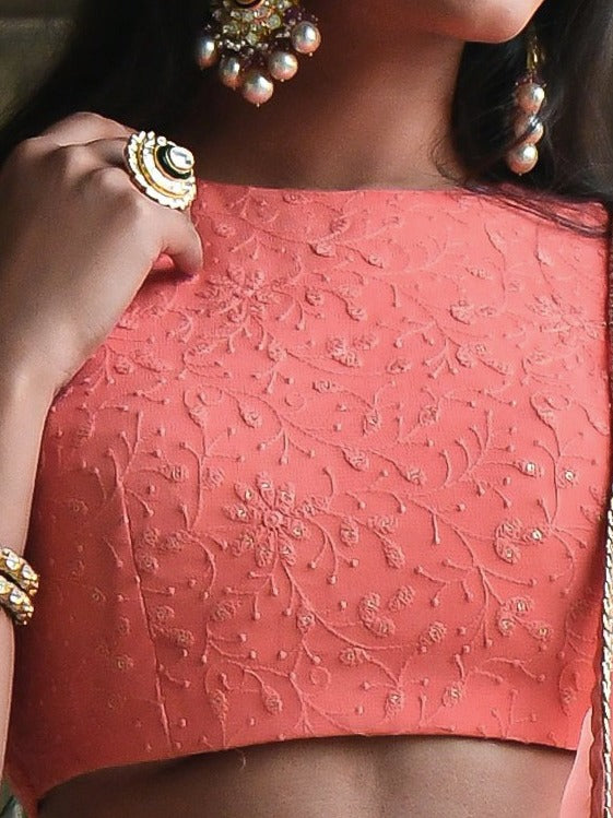 Women's Lehenga in Peach Coral Georgette with Thread & Sequins Embroidery