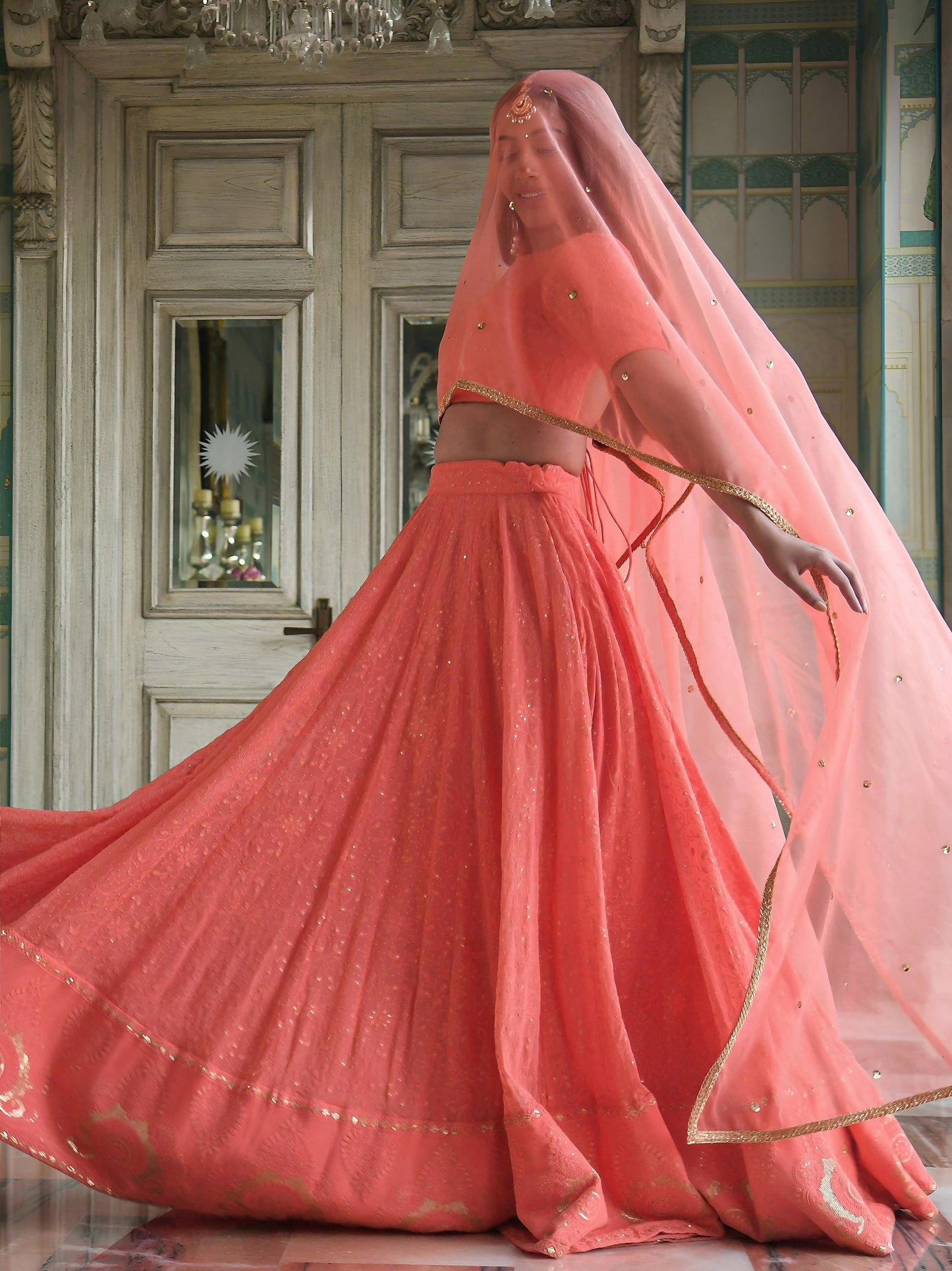Women's Lehenga in Peach Coral Georgette with Thread & Sequins Embroidery