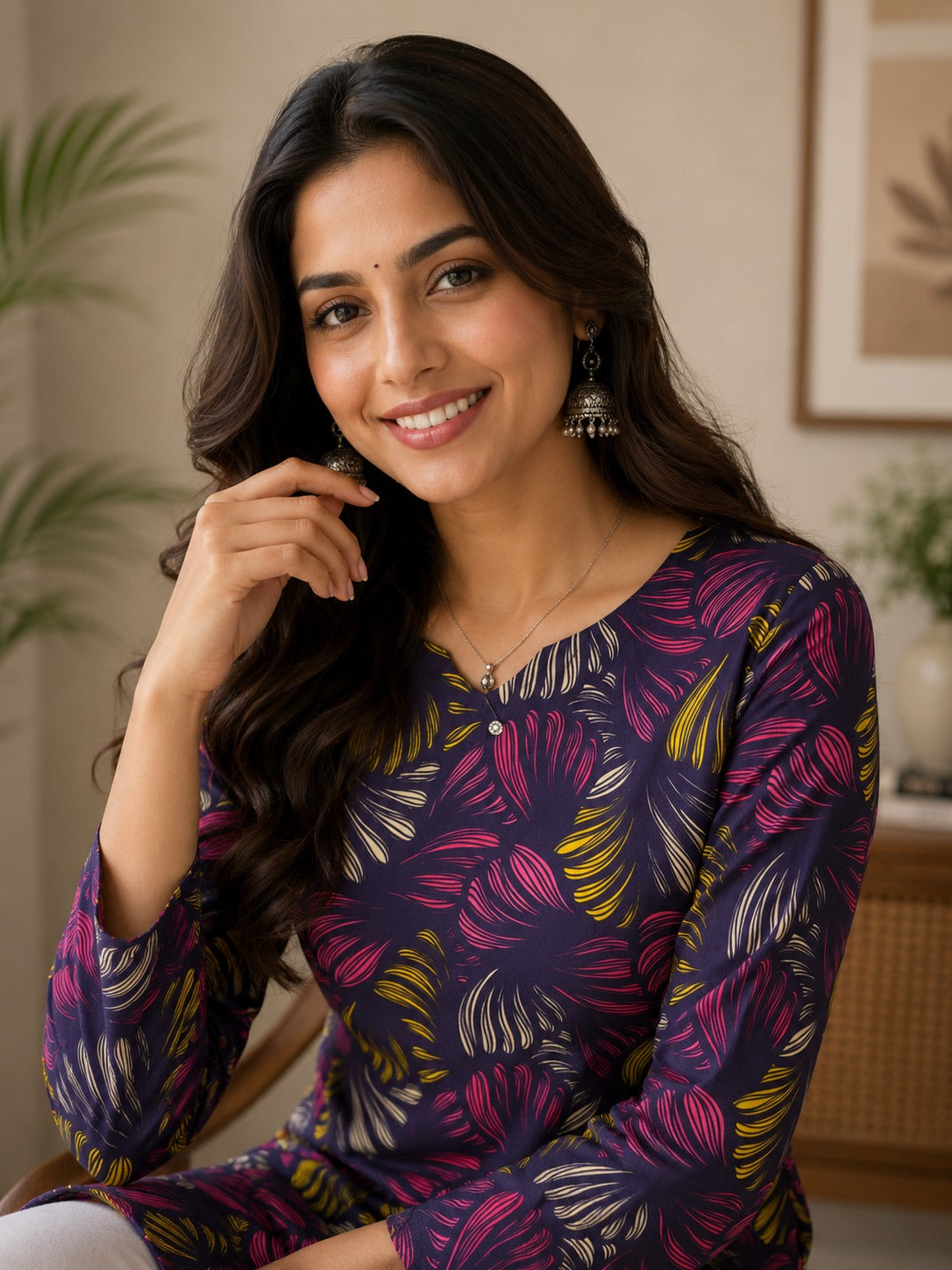 Women's Tunic Top in Navy Purple Heavy Rayon with Abstract Digital Print