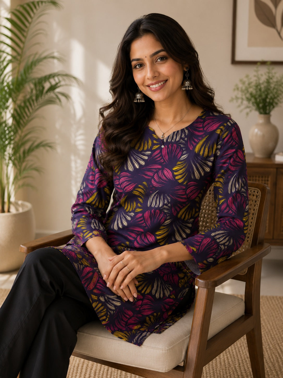Women's Tunic Top in Navy Purple Heavy Rayon with Abstract Digital Print