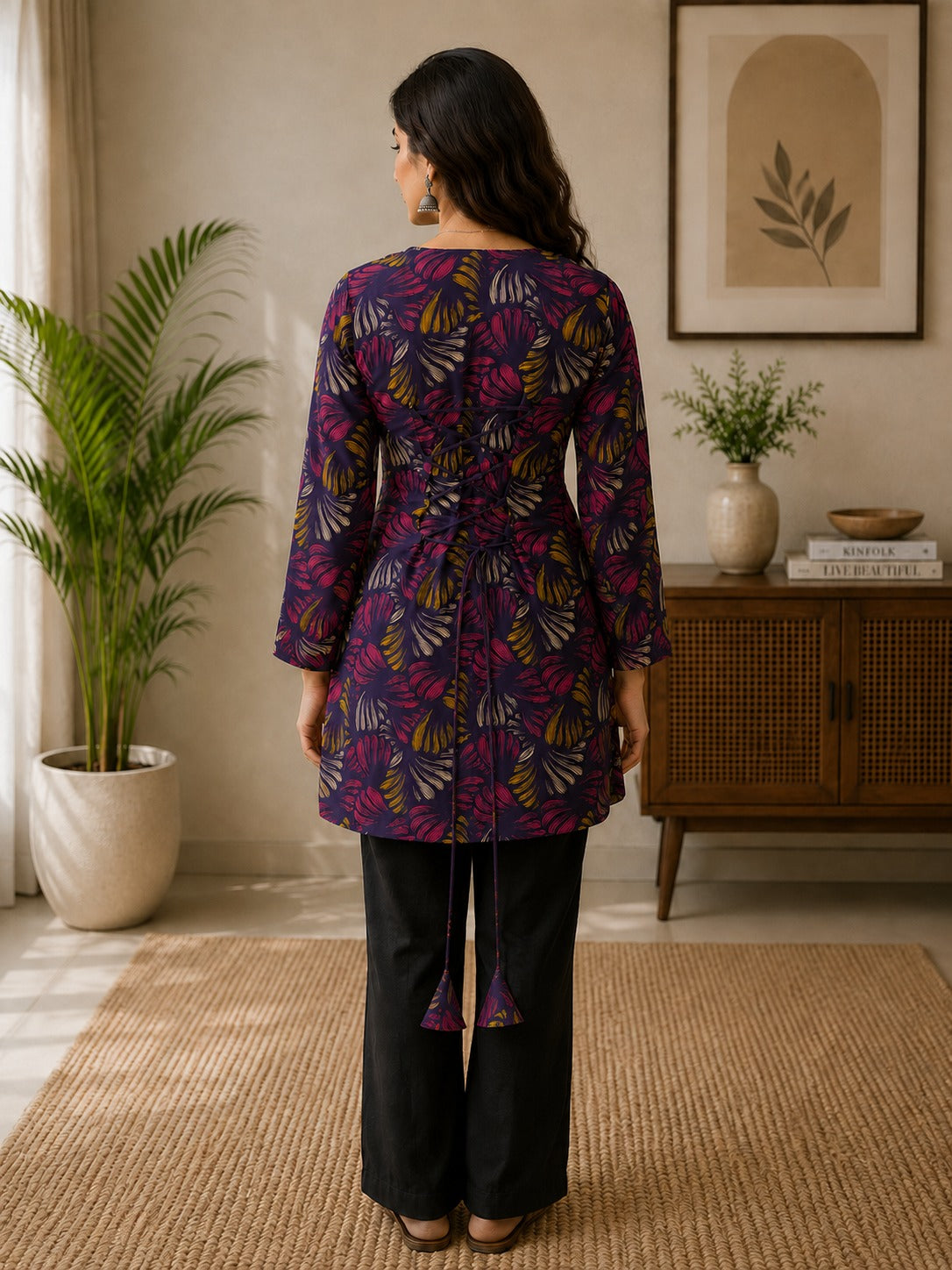 Women's Tunic Top in Navy Purple Heavy Rayon with Abstract Digital Print