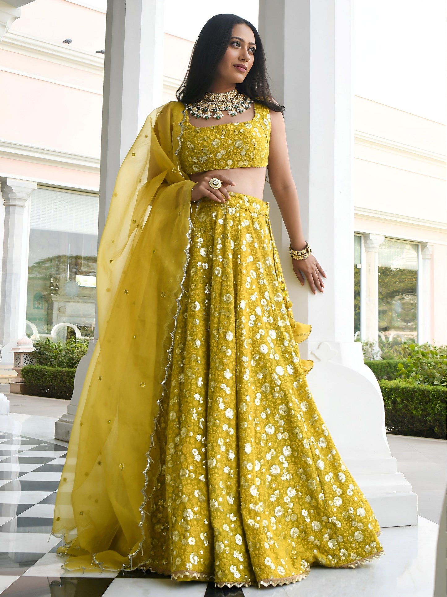 Women's Lehenga in Olive Mustard Georgette with Thread & Sequins Embroidery