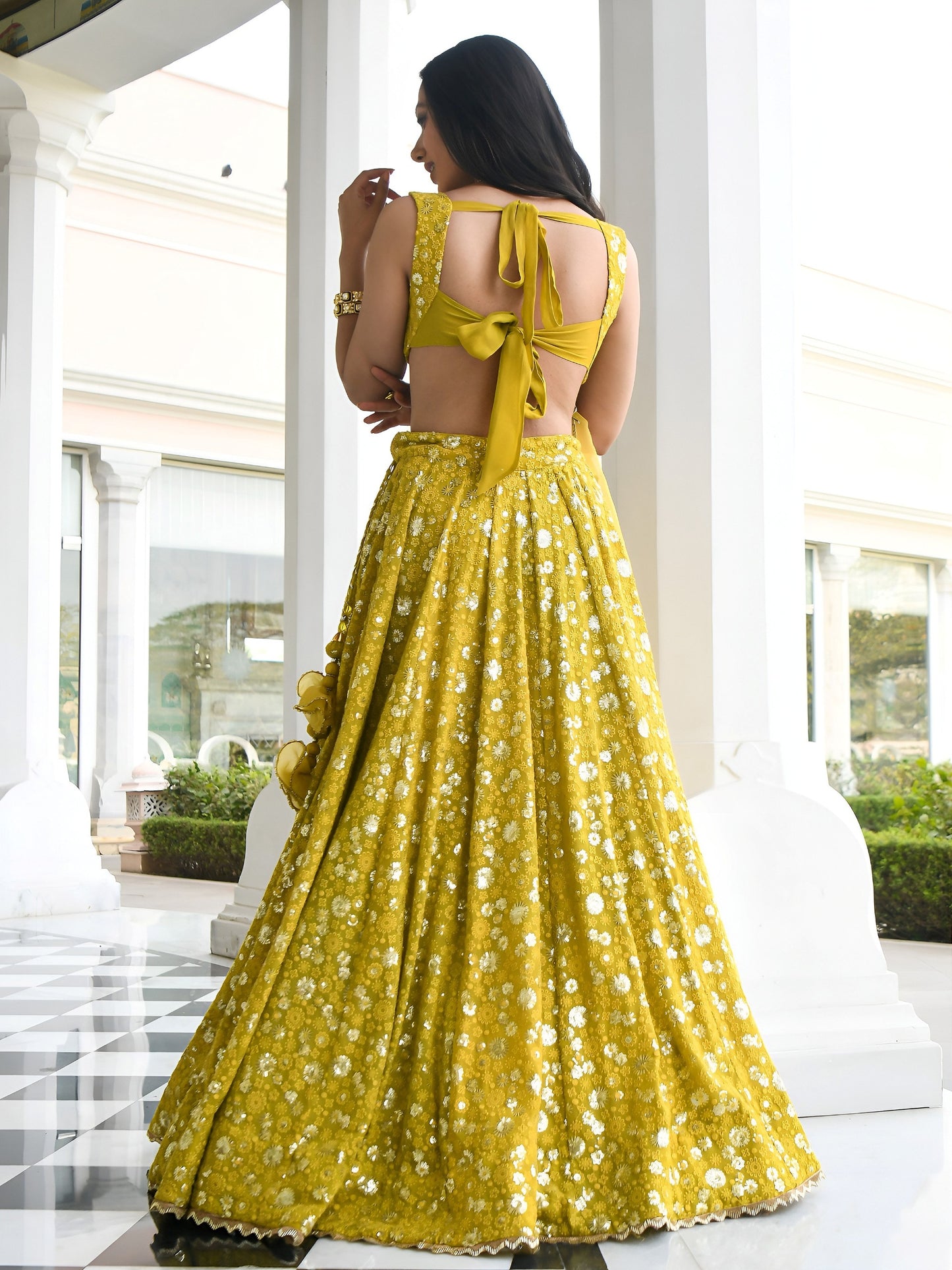Women's Lehenga in Olive Mustard Georgette with Thread & Sequins Embroidery
