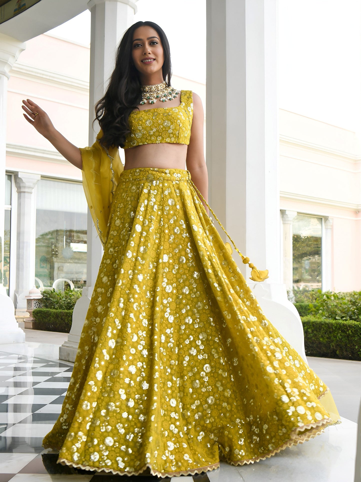 Women's Lehenga in Olive Mustard Georgette with Thread & Sequins Embroidery