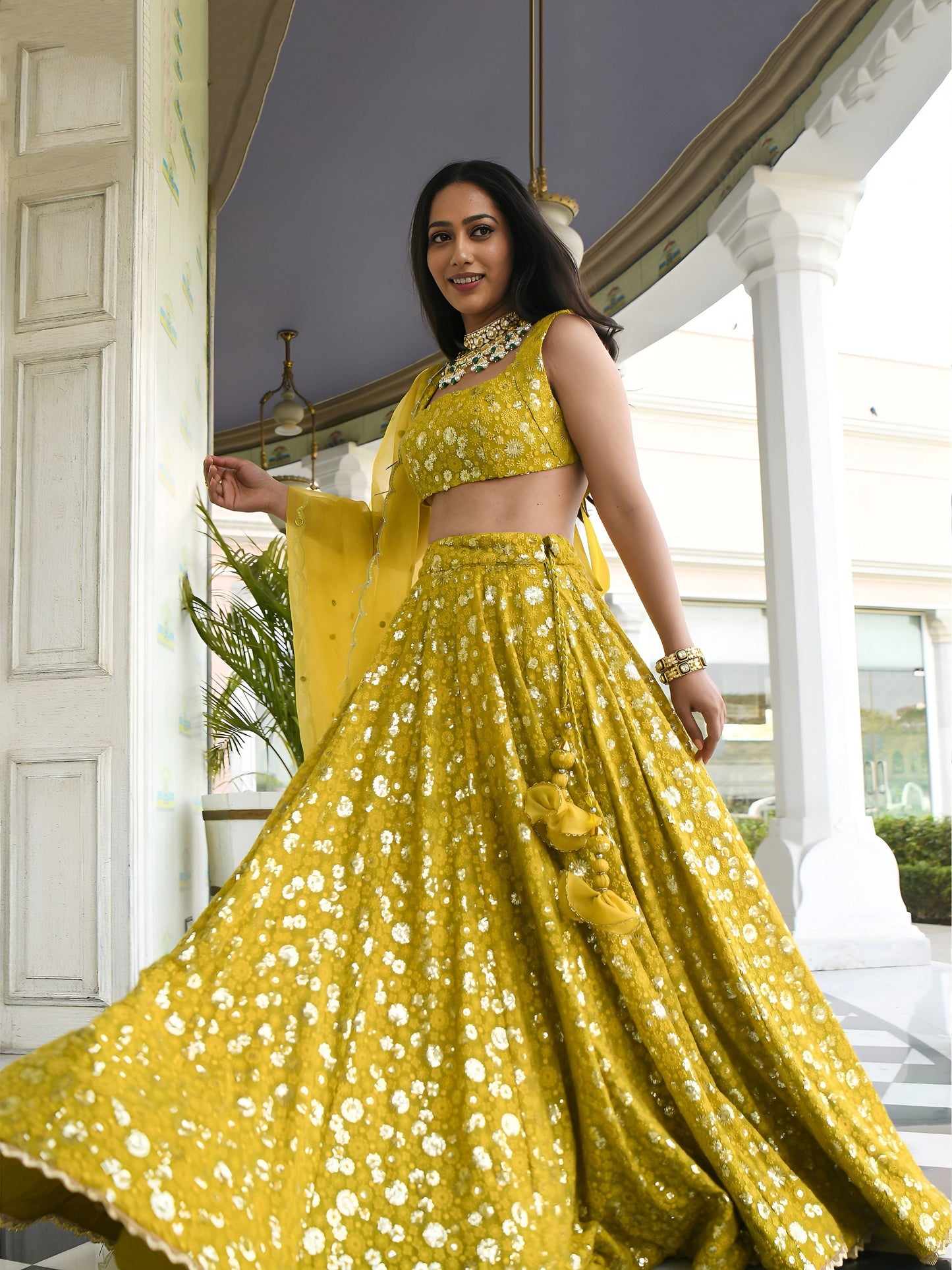 Women's Lehenga in Olive Mustard Georgette with Thread & Sequins Embroidery