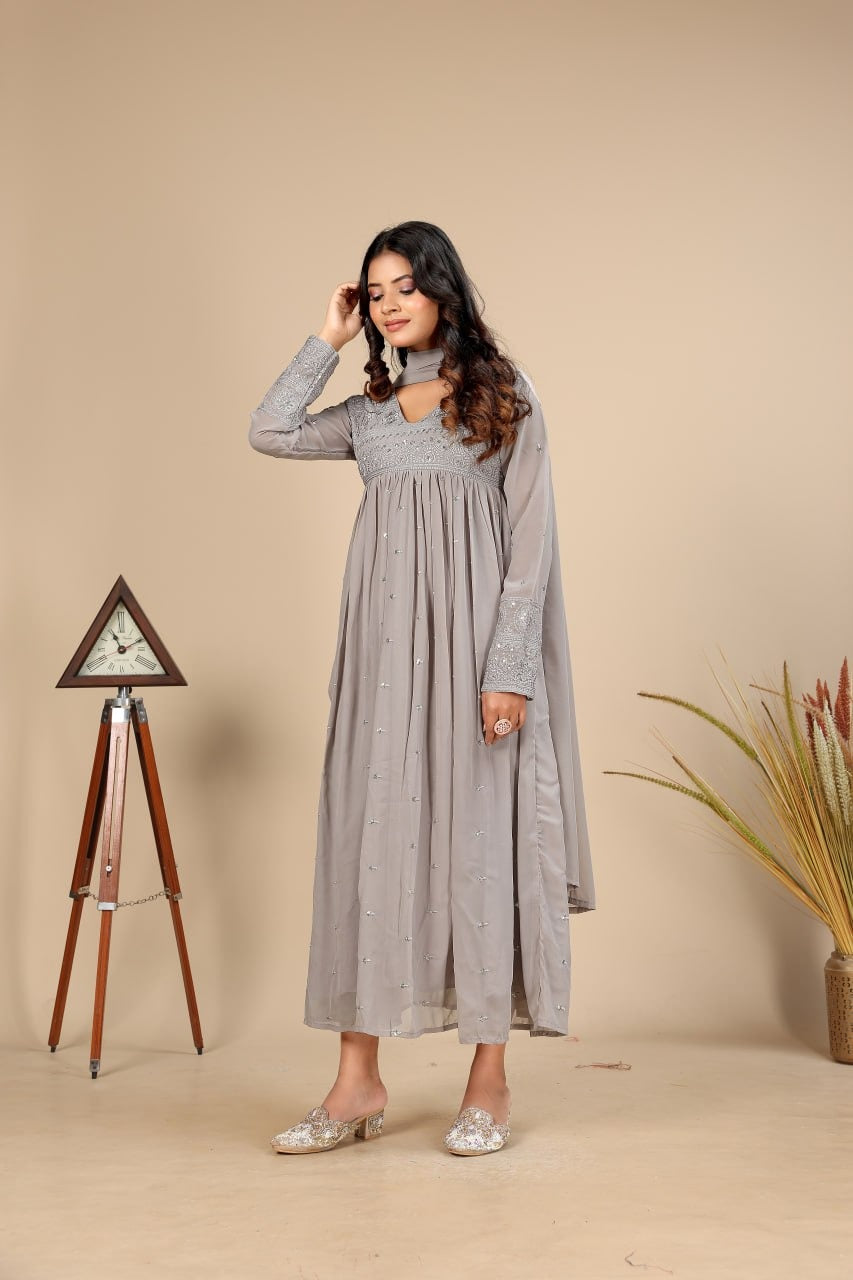 Women's Anarkali Gown Set in Grey Pure Fox Georgette with Sequin Embroidery