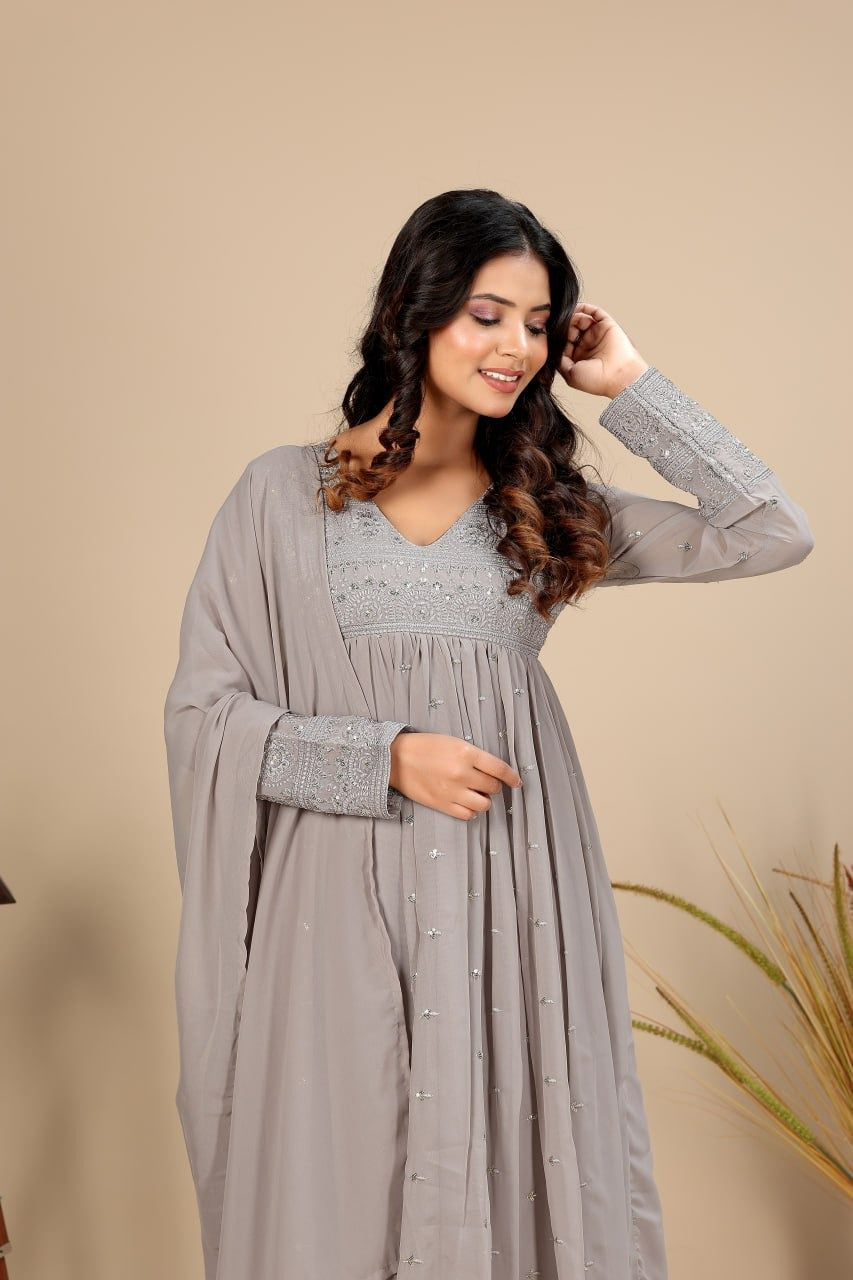 Women's Anarkali Gown Set in Grey Pure Fox Georgette with Sequin Embroidery