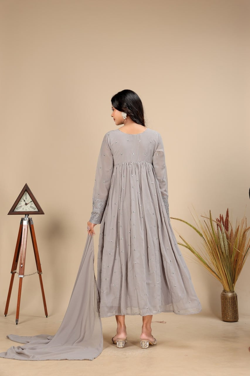 Women's Anarkali Gown Set in Grey Pure Fox Georgette with Sequin Embroidery