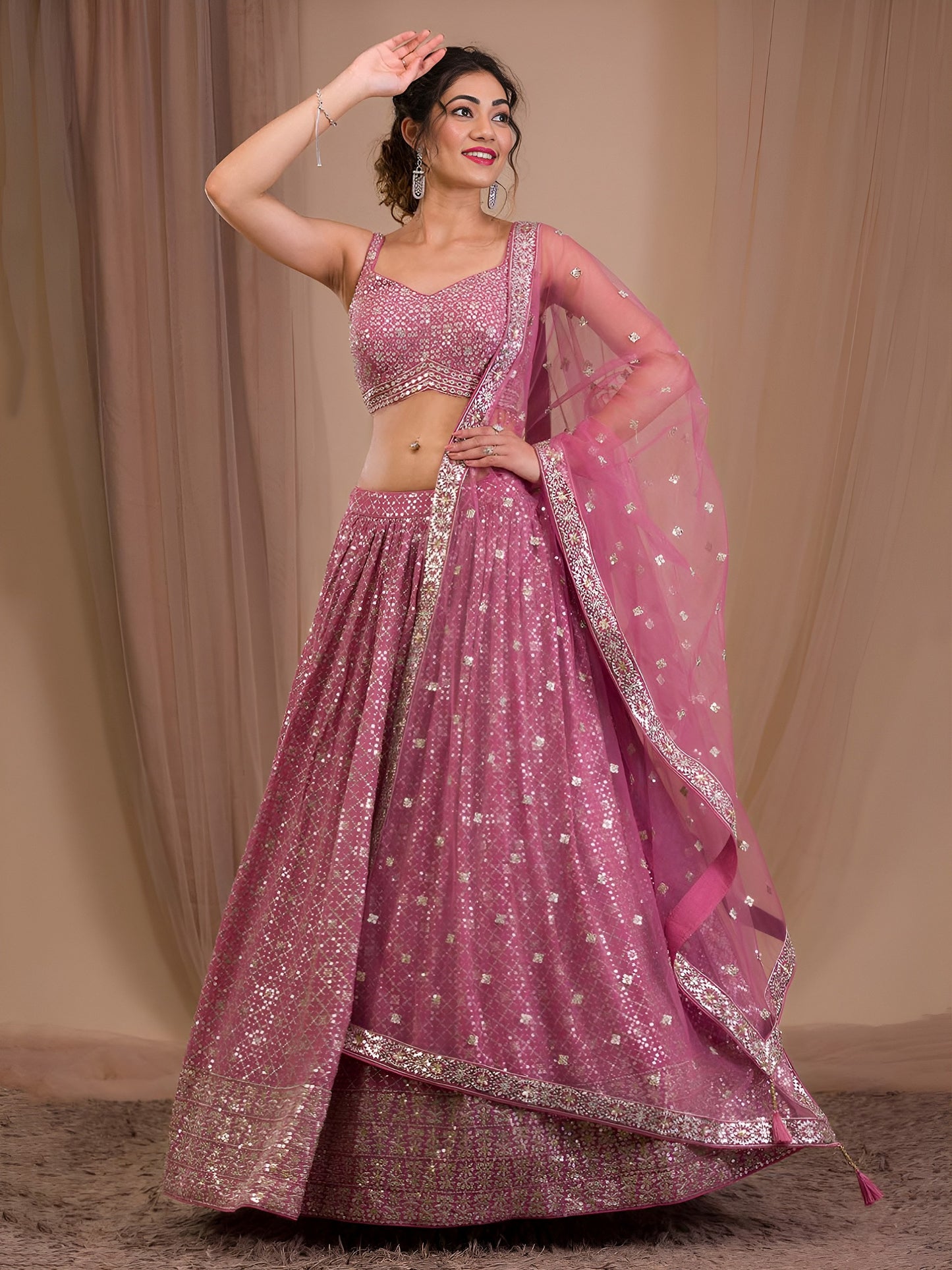 Women's Lehenga in Rosy Mauve Georgette with Zari & Multiple Sequins Embroidery