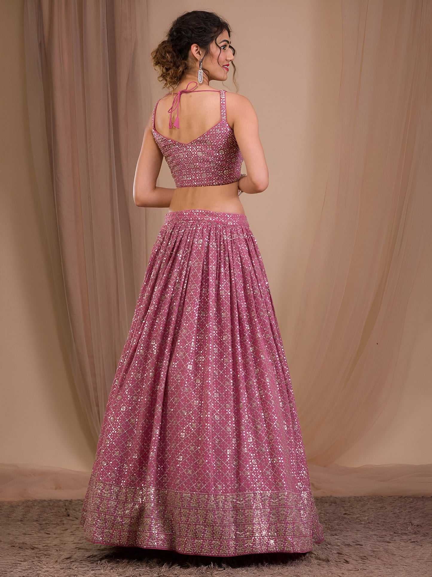Women's Lehenga in Rosy Mauve Georgette with Zari & Multiple Sequins Embroidery