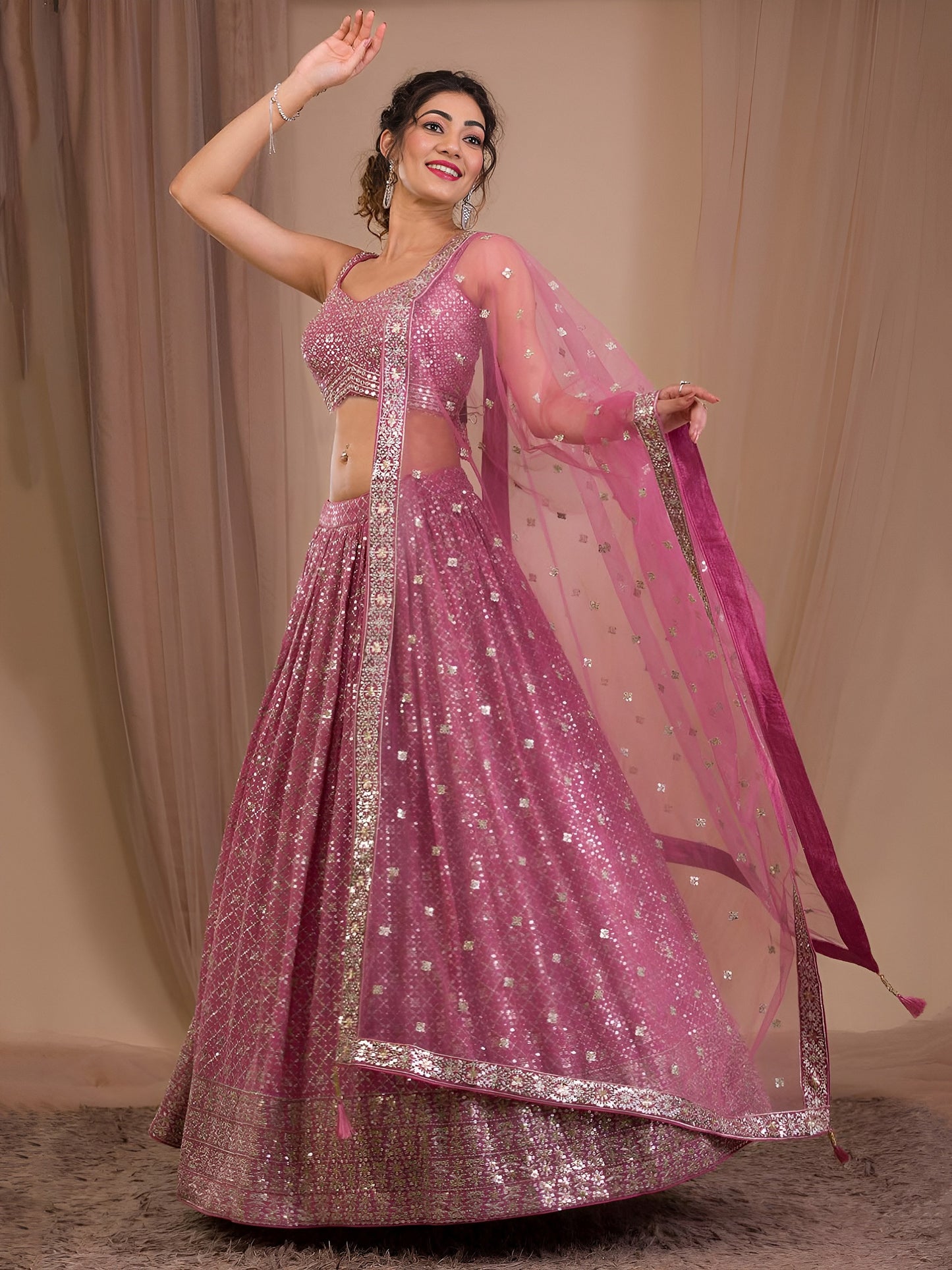 Women's Lehenga in Rosy Mauve Georgette with Zari & Multiple Sequins Embroidery