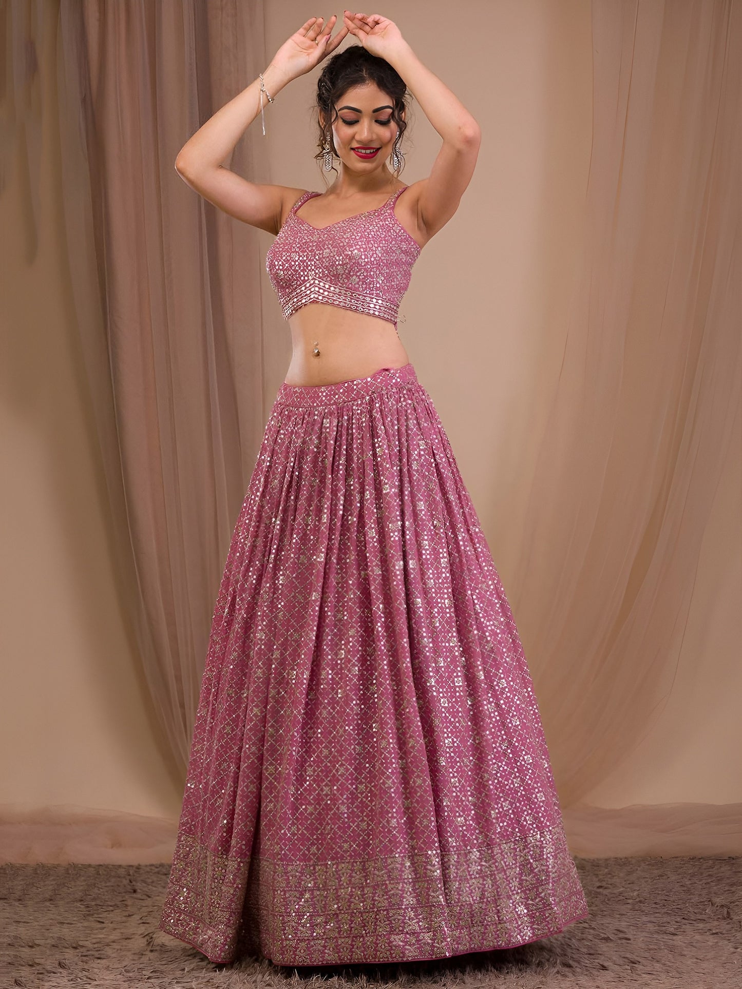 Women's Lehenga in Rosy Mauve Georgette with Zari & Multiple Sequins Embroidery
