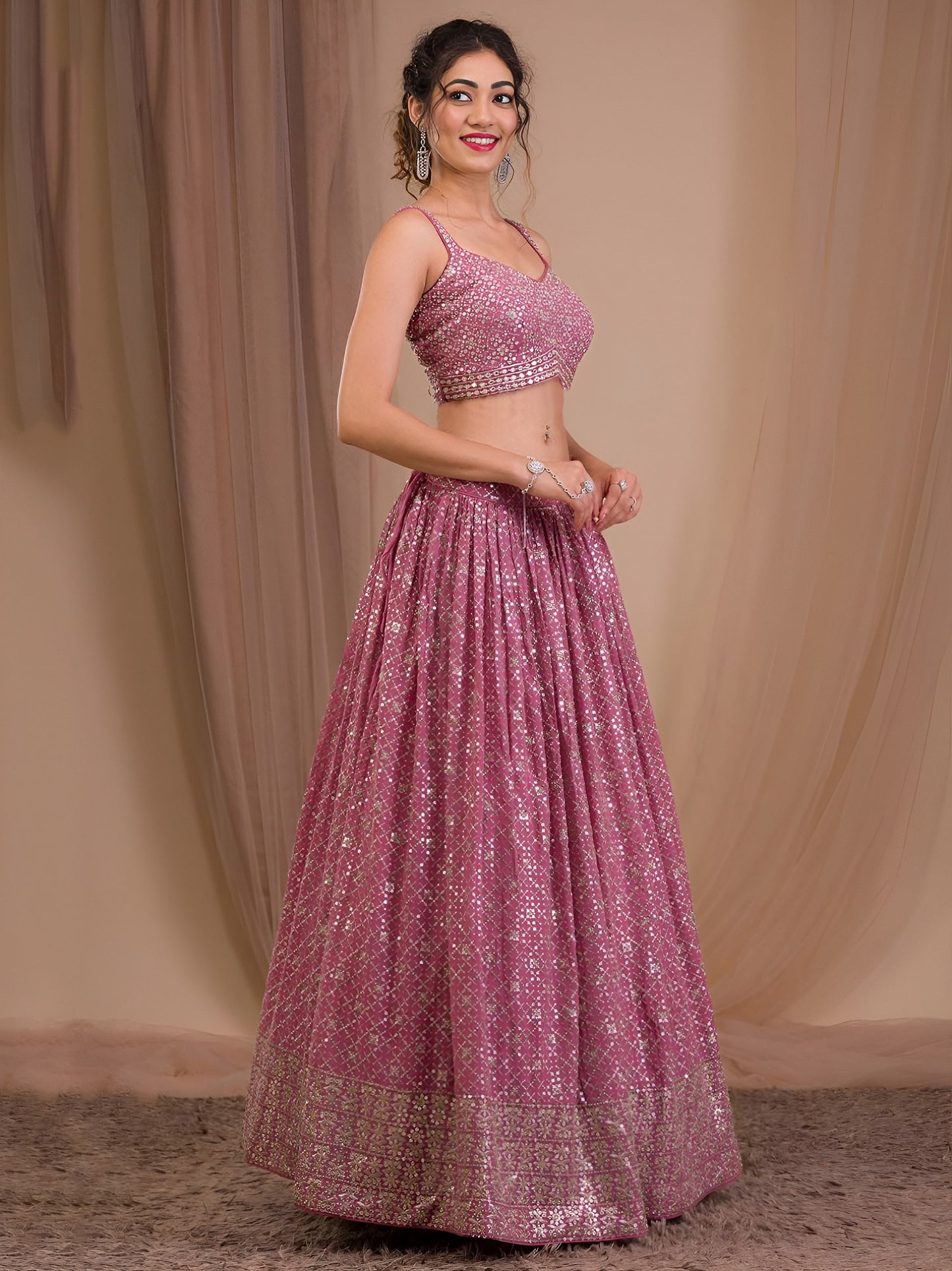 Women's Lehenga in Rosy Mauve Georgette with Zari & Multiple Sequins Embroidery
