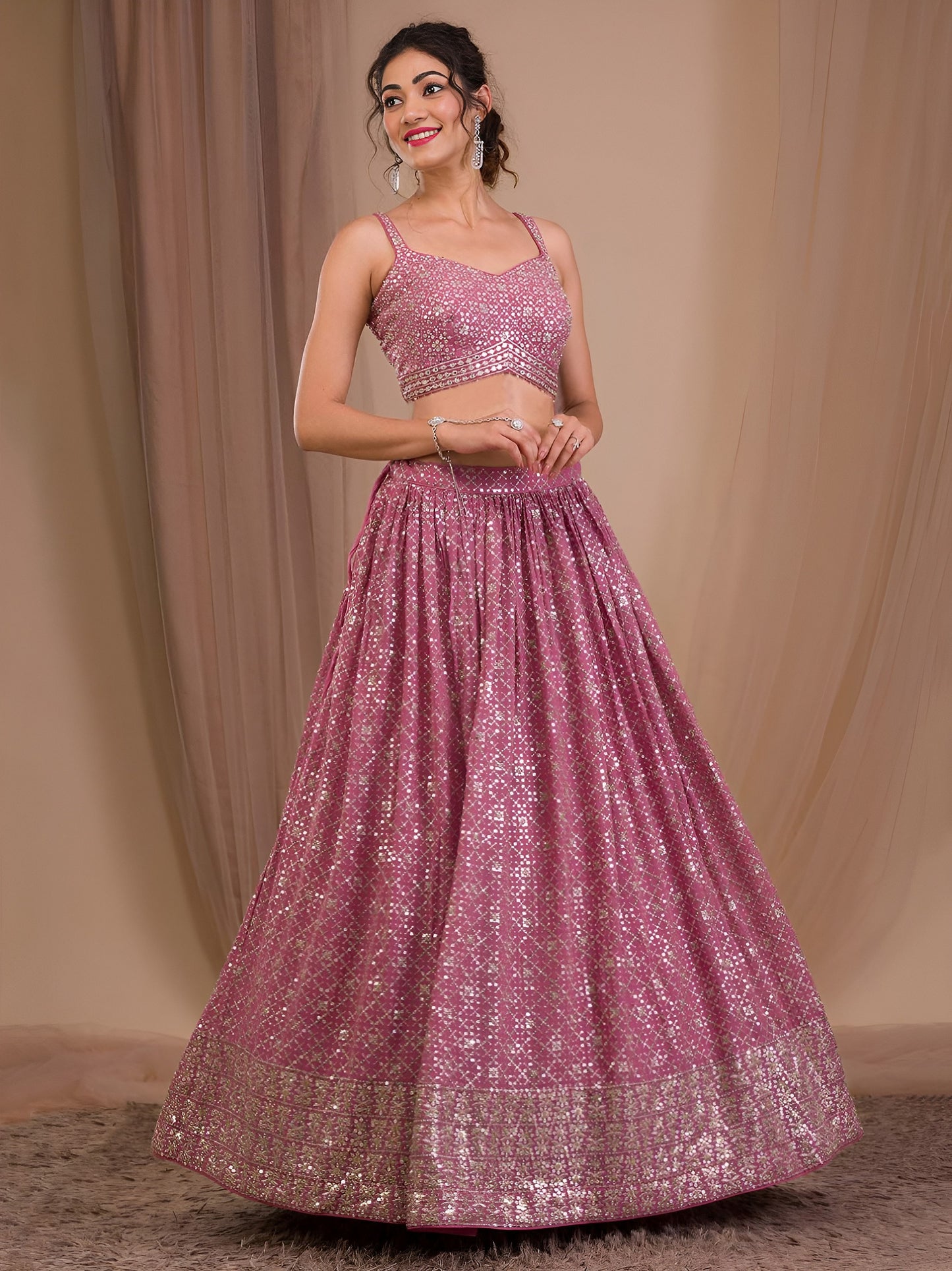 Women's Lehenga in Rosy Mauve Georgette with Zari & Multiple Sequins Embroidery