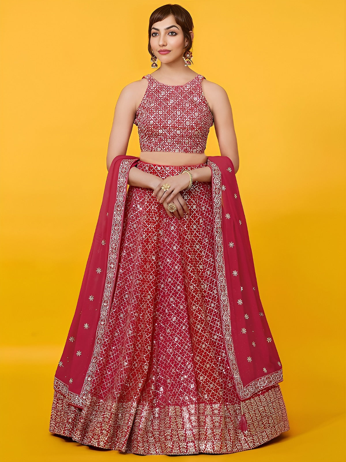 Women's Lehenga in Crimson Red Georgette with Zari & Multiple Sequins Embroidery