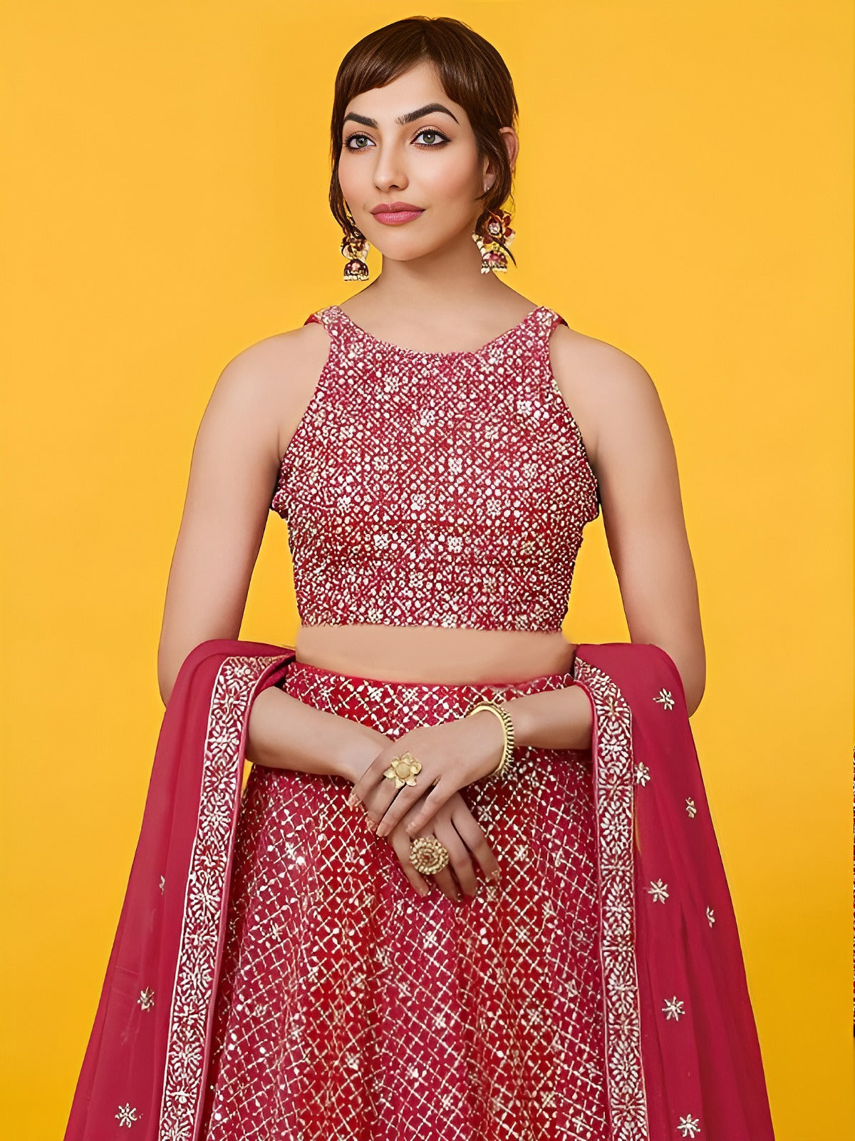 Women's Lehenga in Crimson Red Georgette with Zari & Multiple Sequins Embroidery
