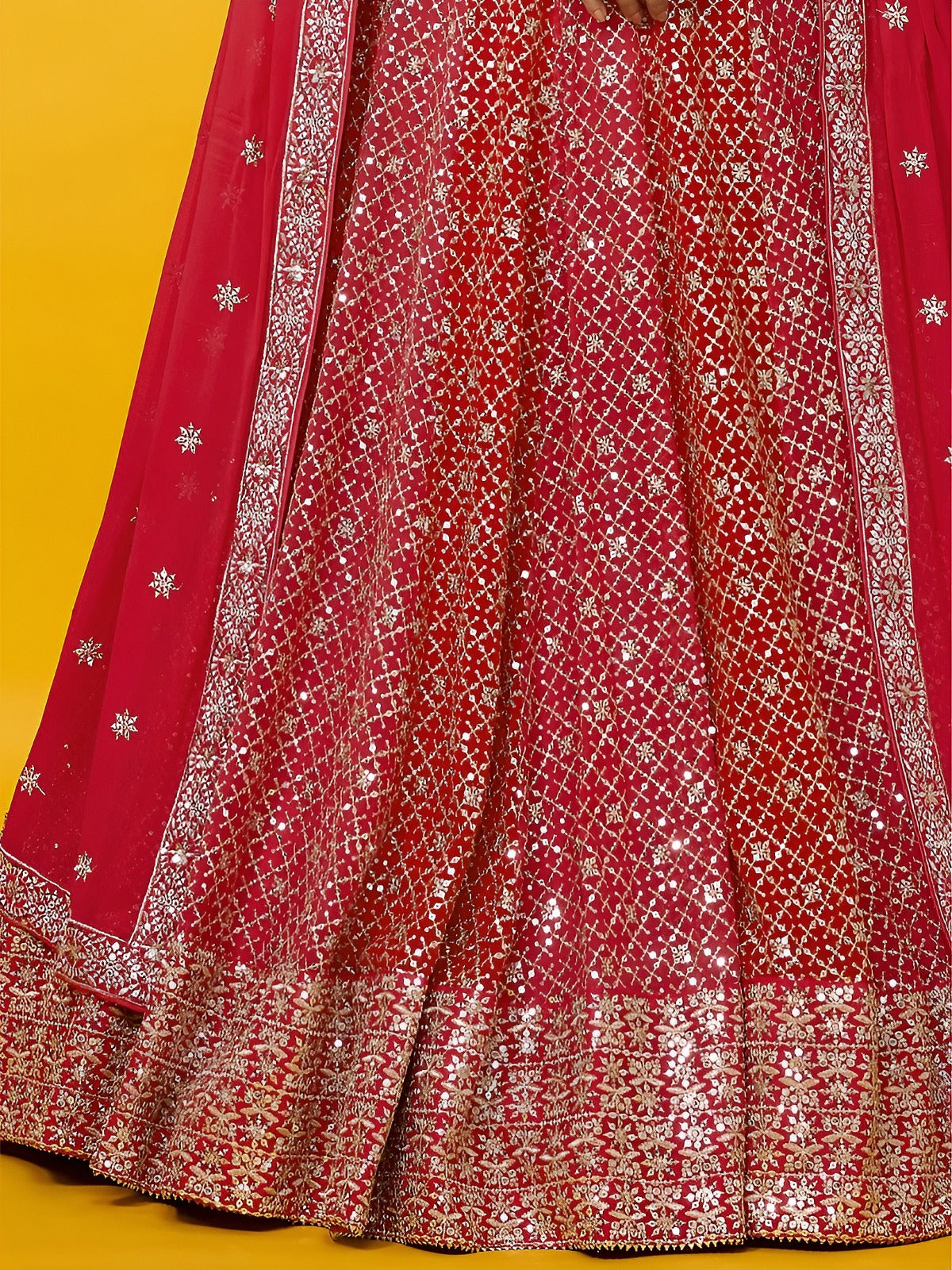 Women's Lehenga in Crimson Red Georgette with Zari & Multiple Sequins Embroidery