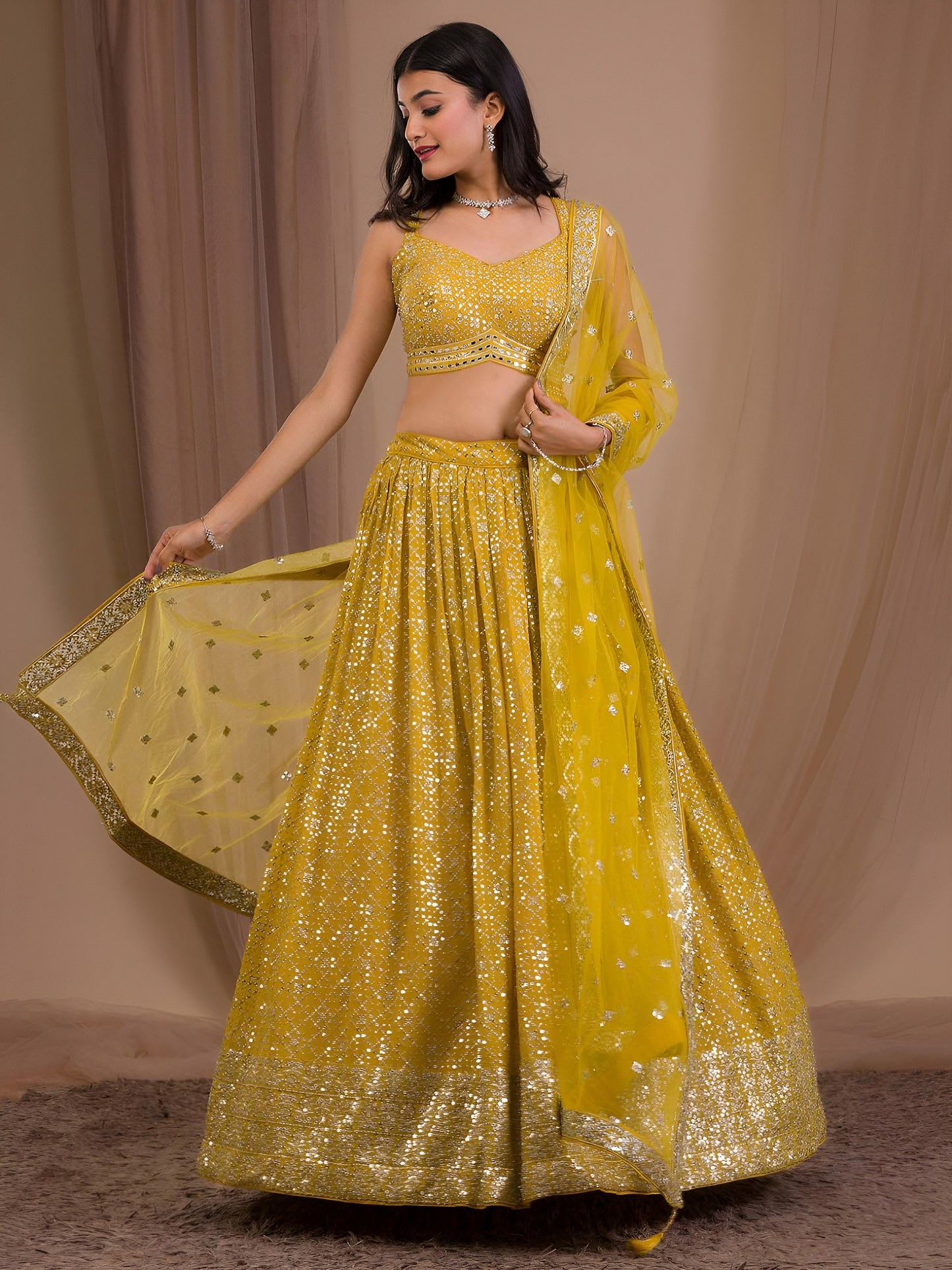 Women's Lehenga in Mustard Yellow Georgette with Zari & Multiple Sequins Embroidery