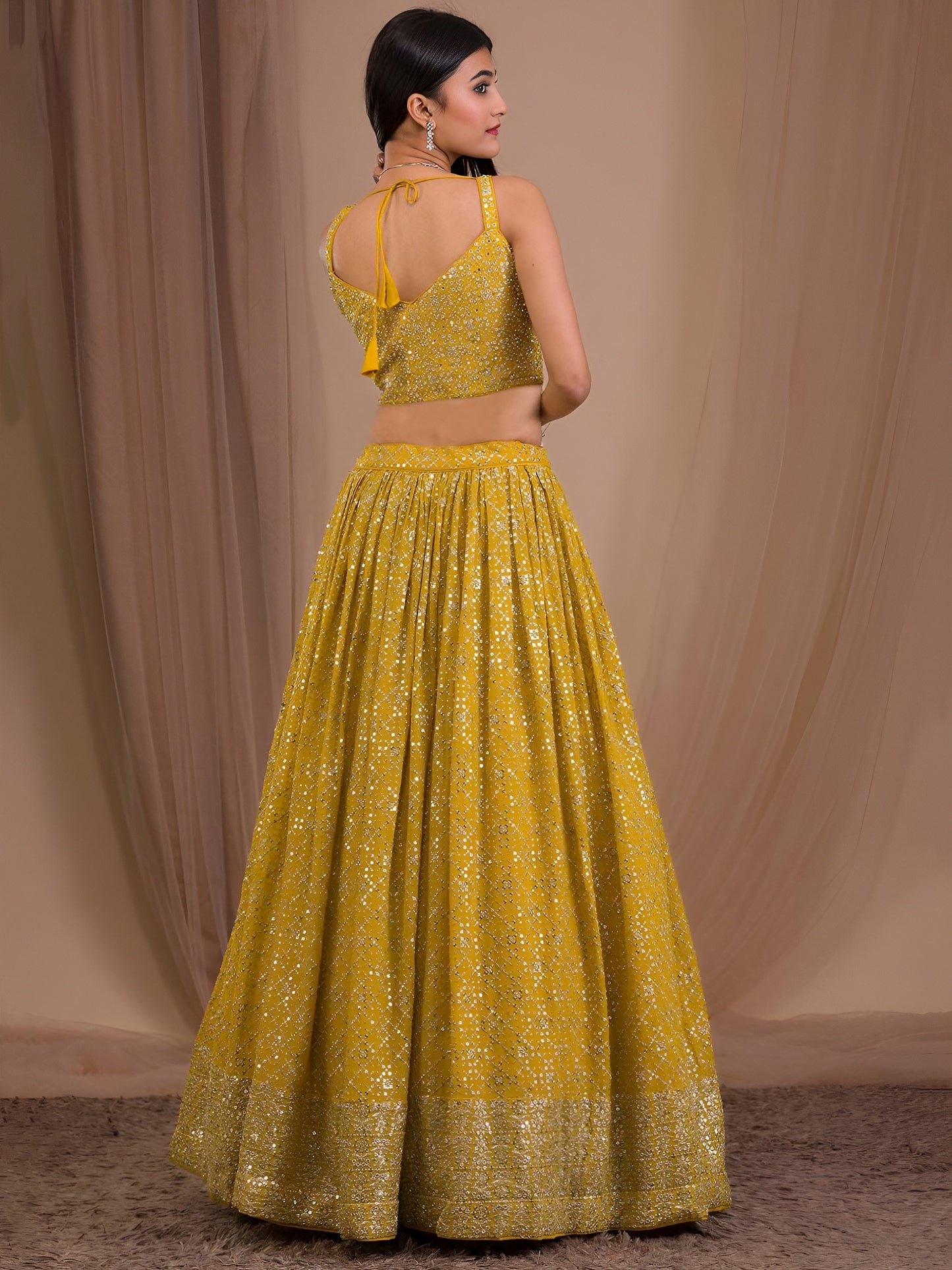Women's Lehenga in Mustard Yellow Georgette with Zari & Multiple Sequins Embroidery