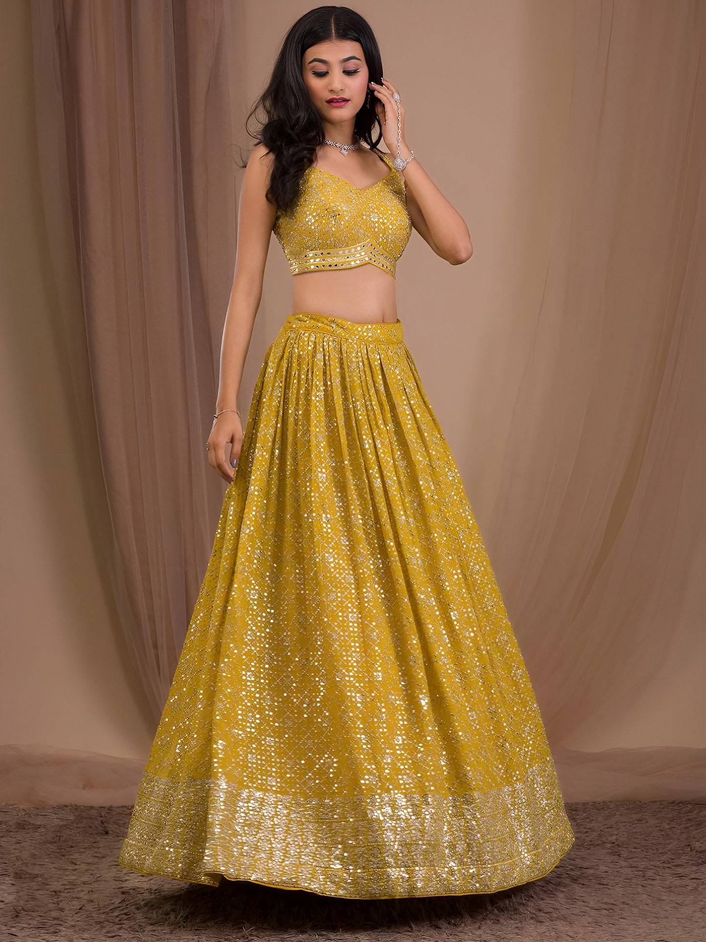 Women's Lehenga in Mustard Yellow Georgette with Zari & Multiple Sequins Embroidery