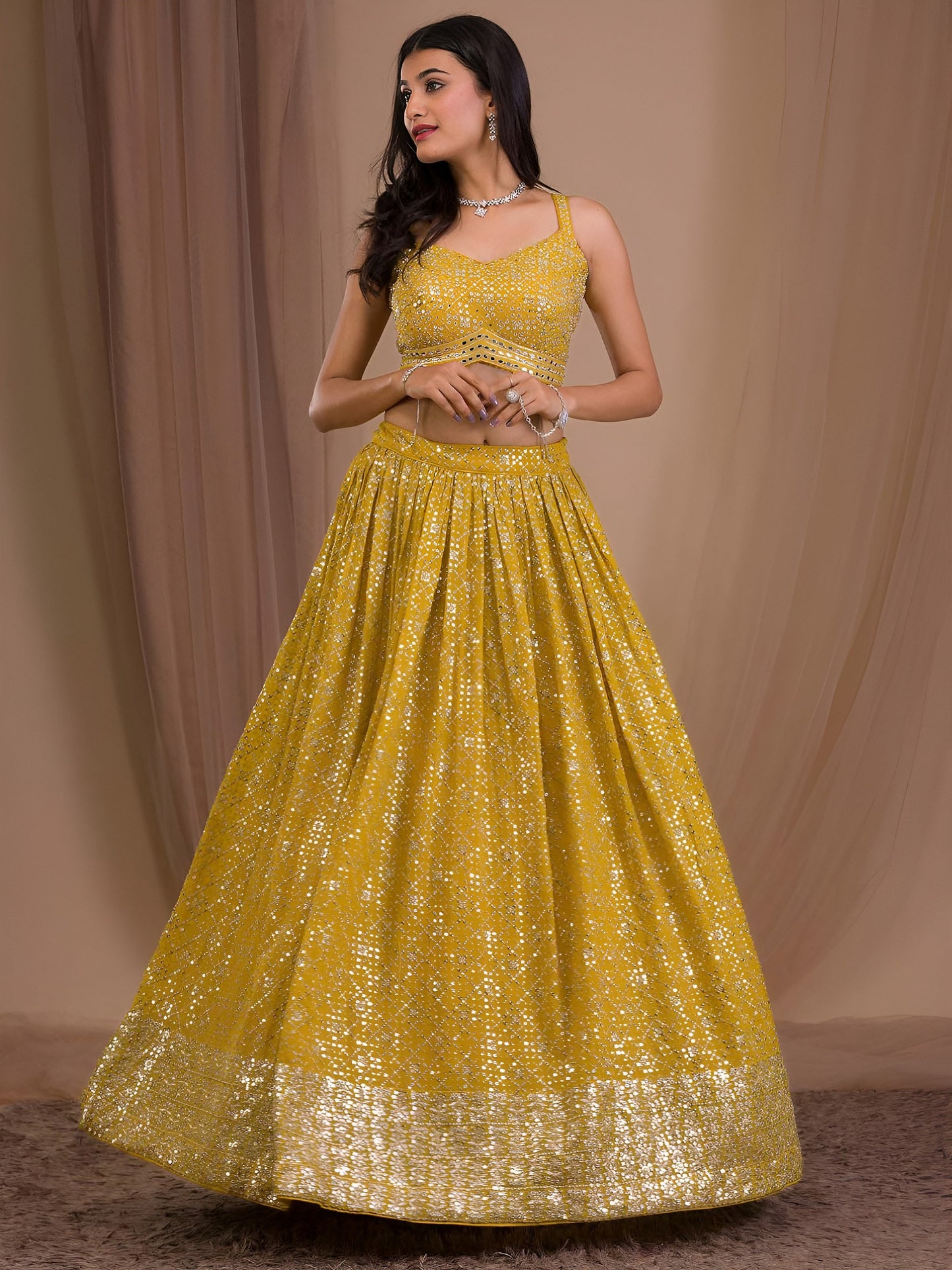 Women's Lehenga in Mustard Yellow Georgette with Zari & Multiple Sequins Embroidery