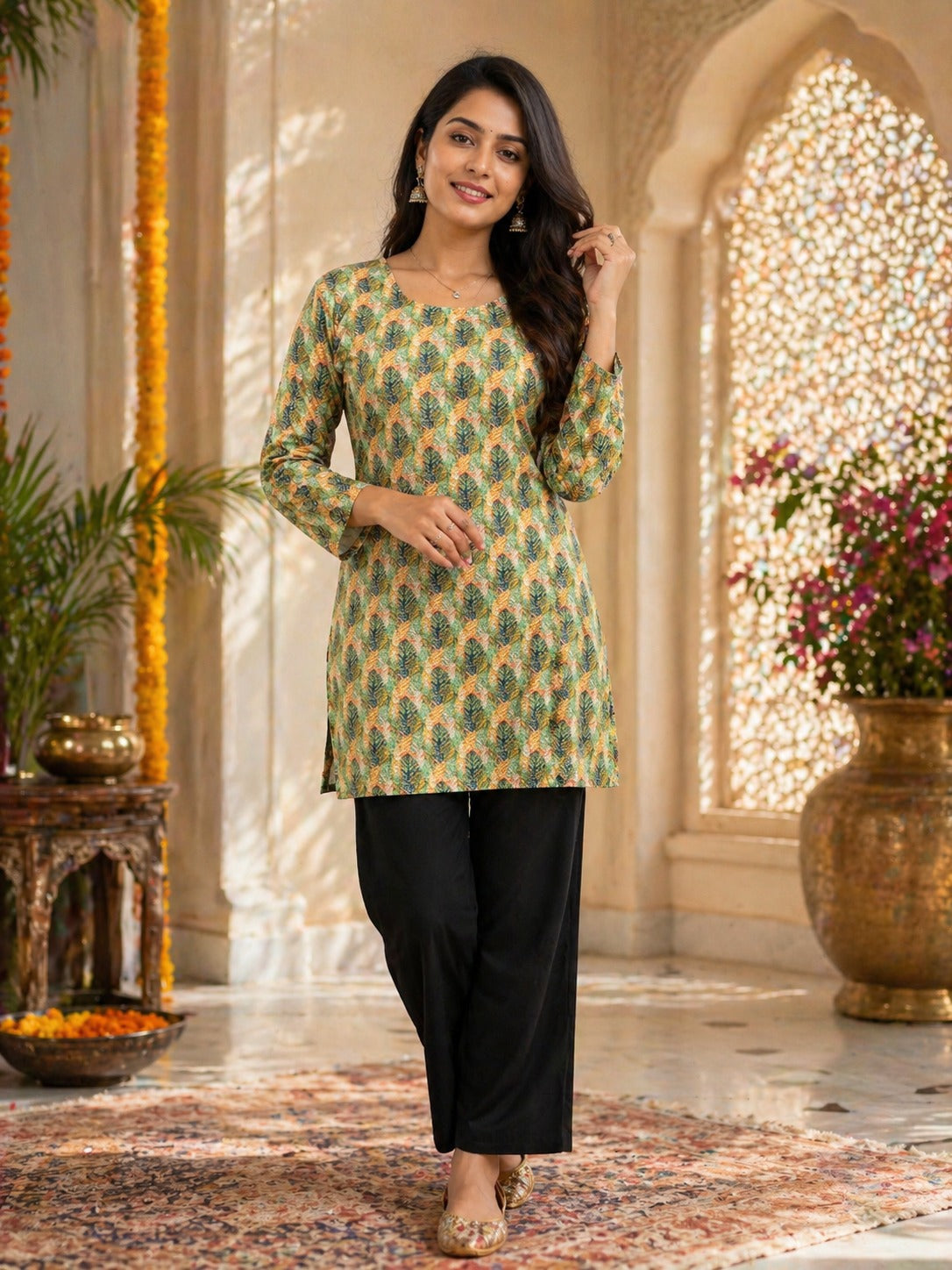 Women's Tunic Top in Sage Green Heavy Rayon with Digital Leaf Print