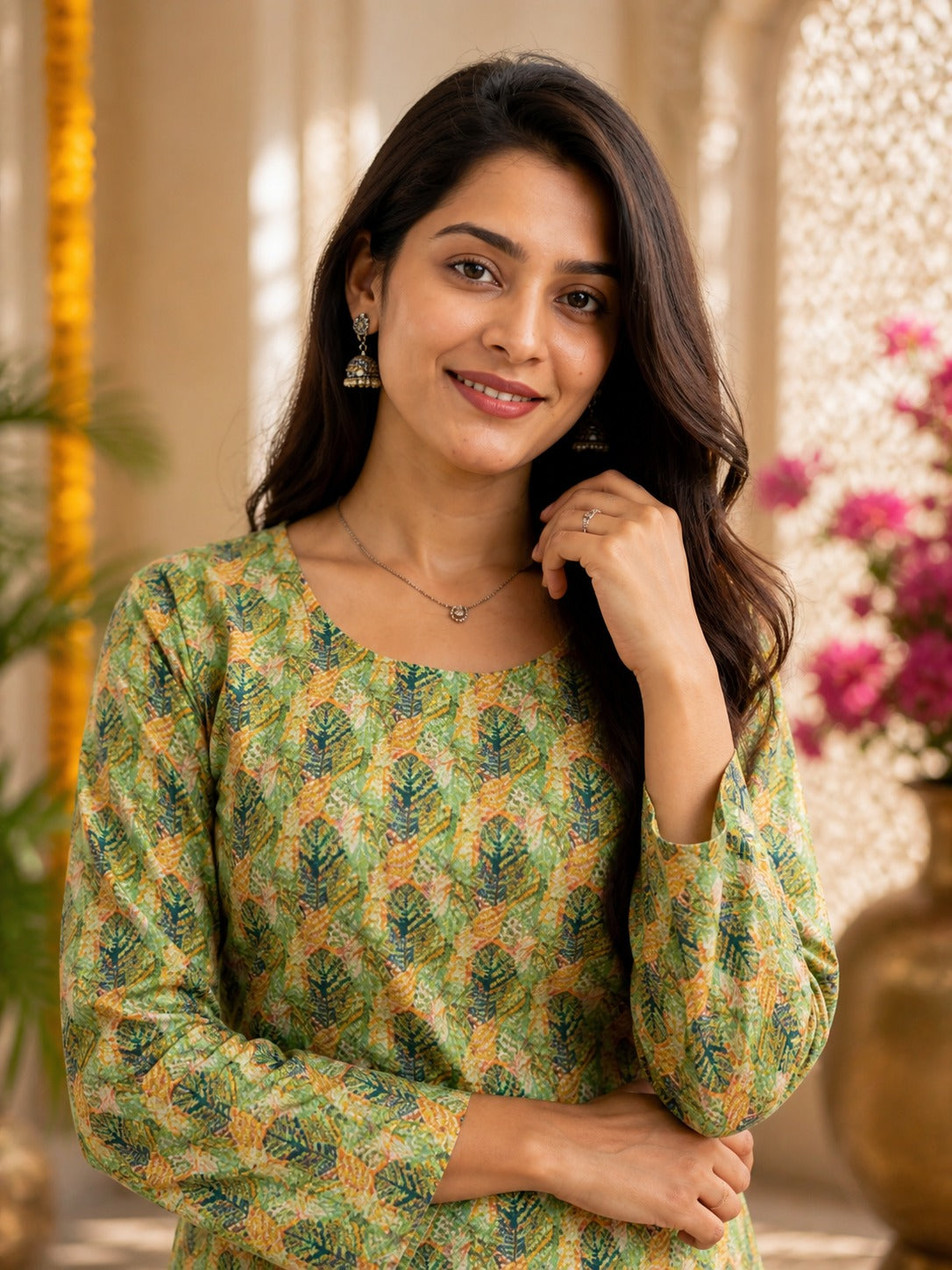 Women's Tunic Top in Sage Green Heavy Rayon with Digital Leaf Print