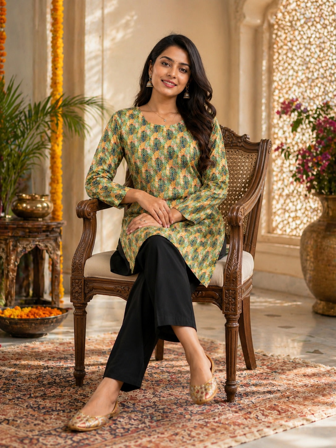 Women's Tunic Top in Sage Green Heavy Rayon with Digital Leaf Print