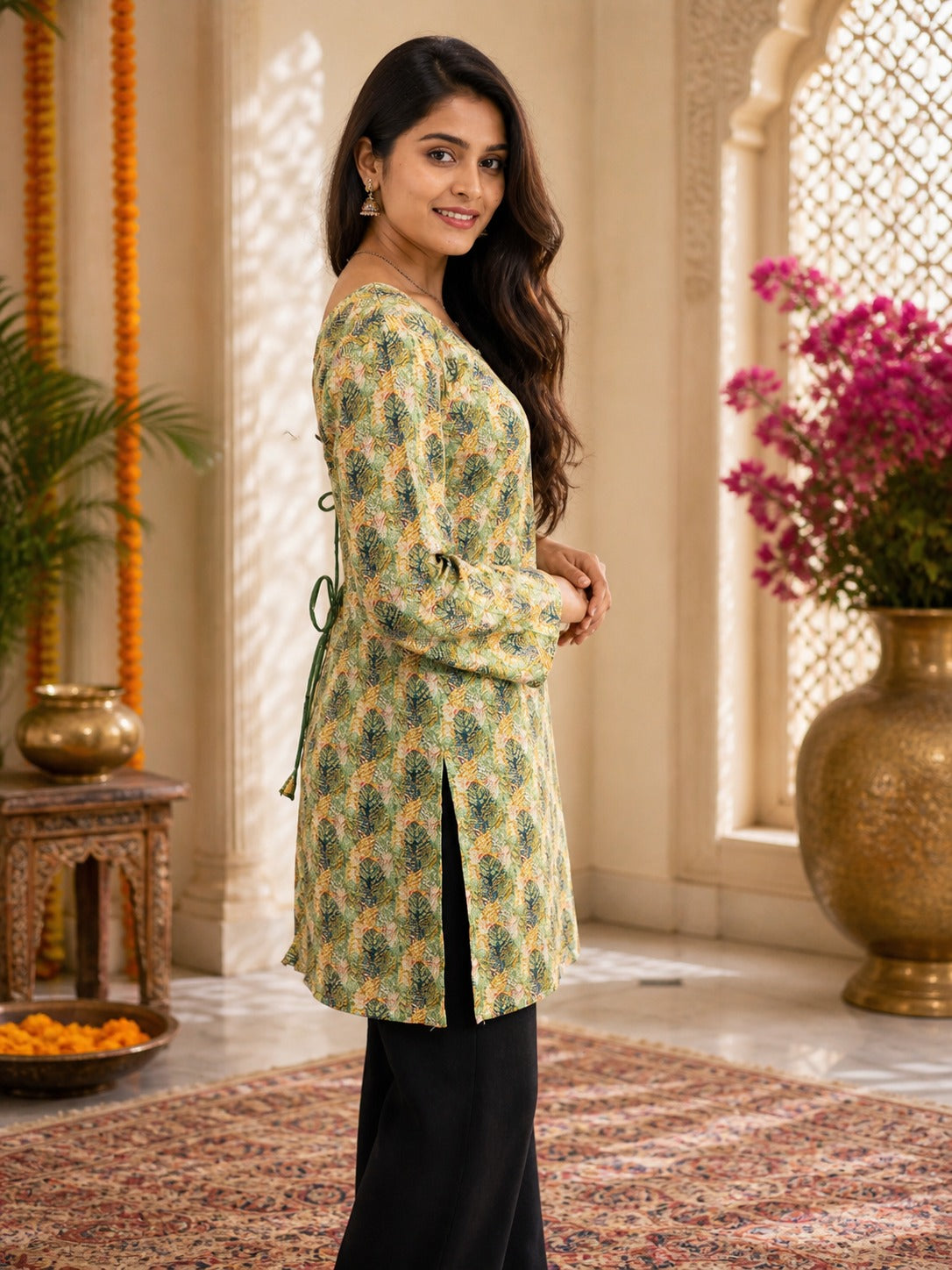 Women's Tunic Top in Sage Green Heavy Rayon with Digital Leaf Print