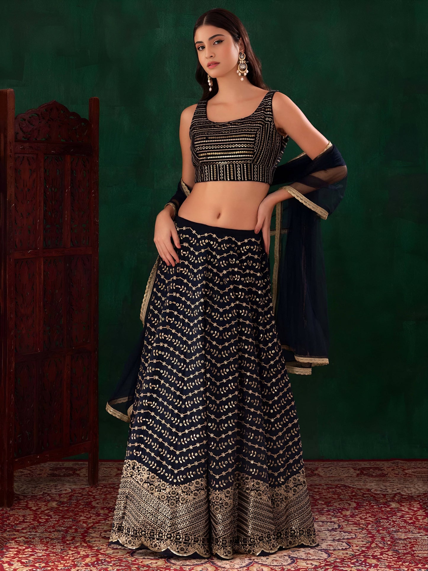 Women's Lehenga in Midnight Blue Georgette with Zari and Multiple Sequins Embroidery