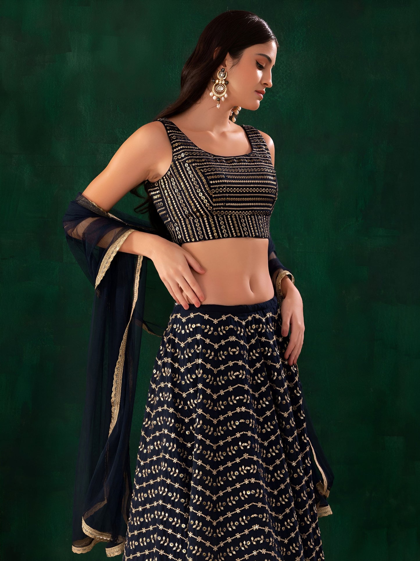 Women's Lehenga in Midnight Blue Georgette with Zari and Multiple Sequins Embroidery