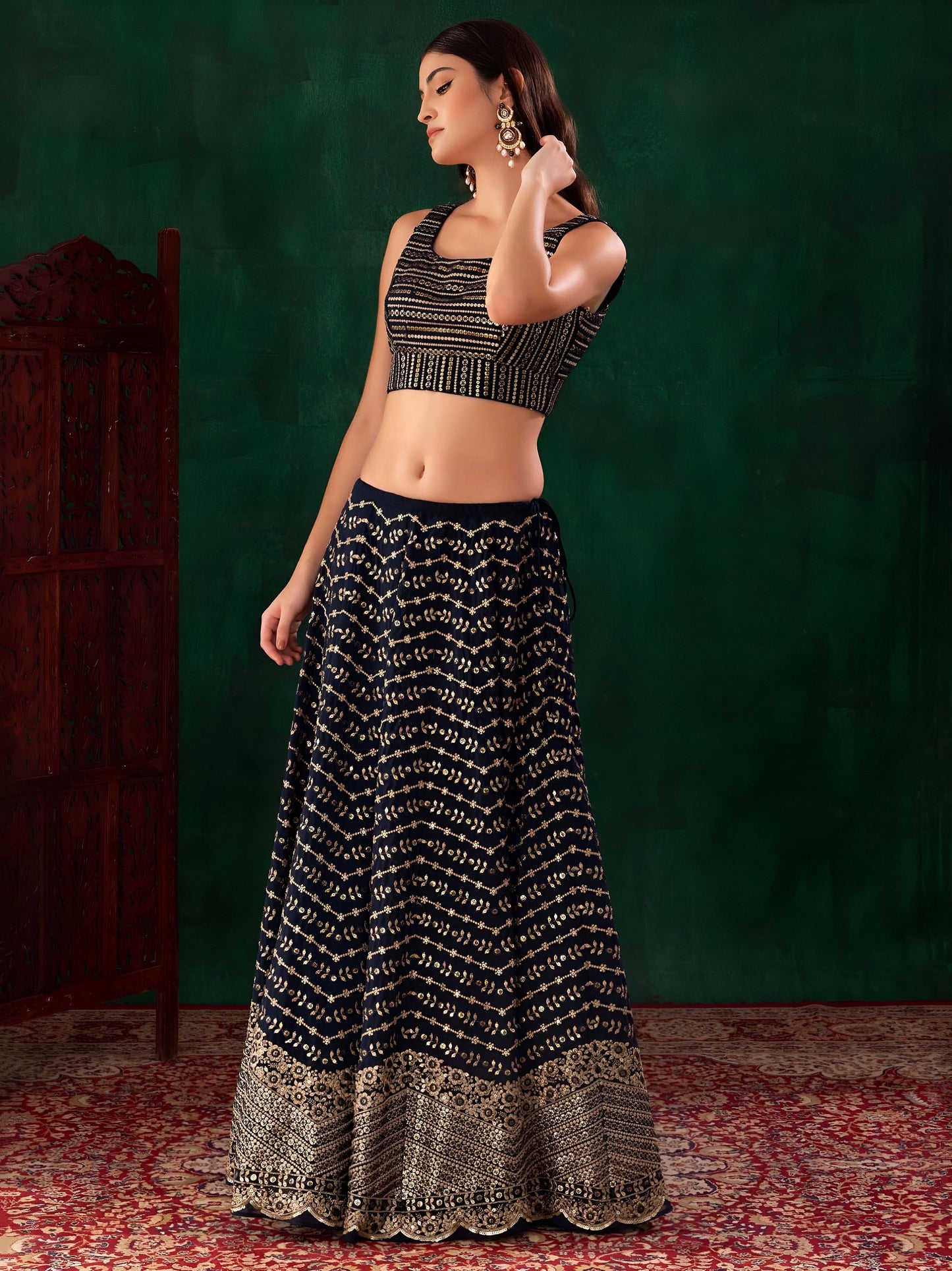 Women's Lehenga in Midnight Blue Georgette with Zari and Multiple Sequins Embroidery