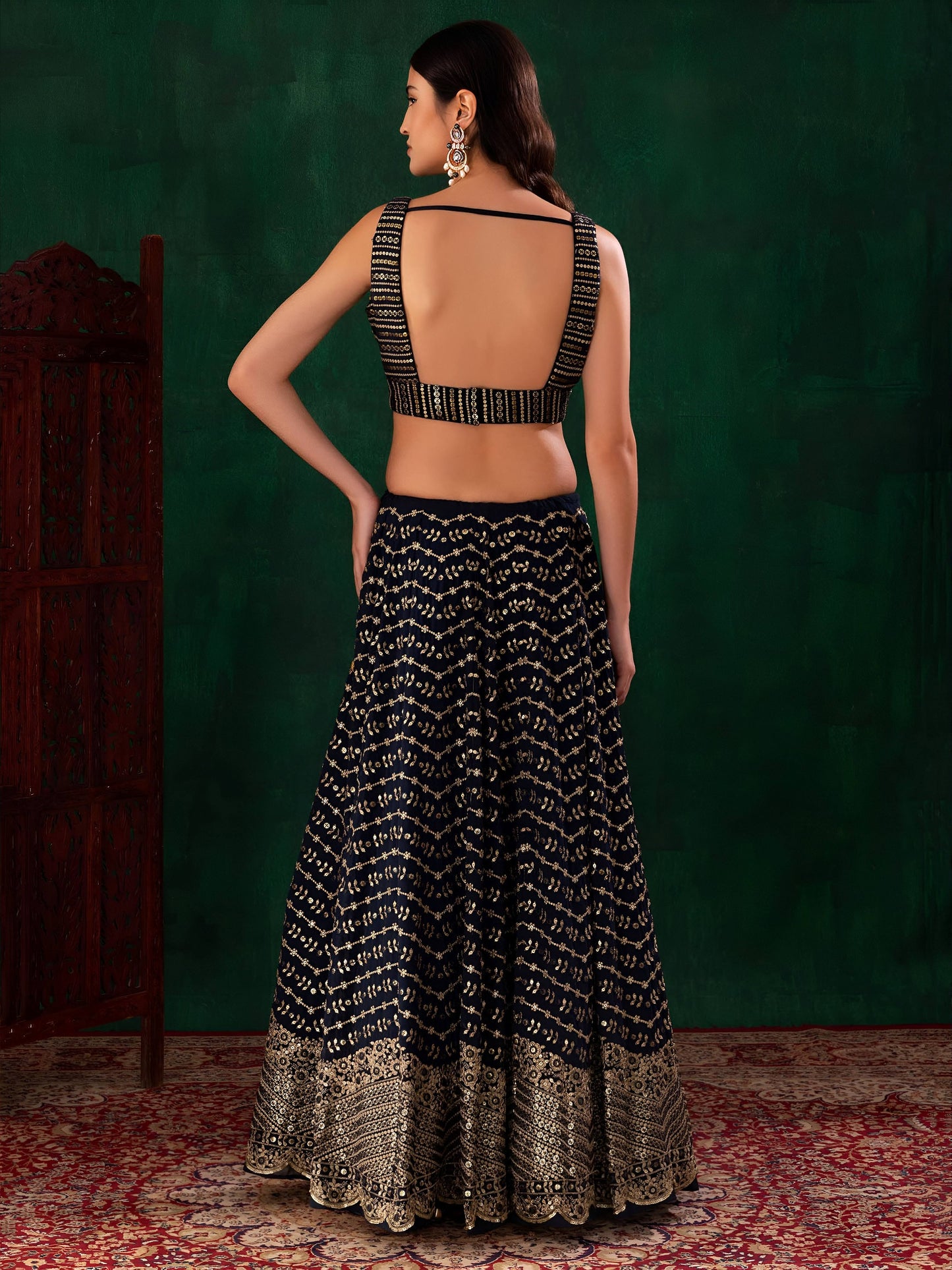 Women's Lehenga in Midnight Blue Georgette with Zari and Multiple Sequins Embroidery