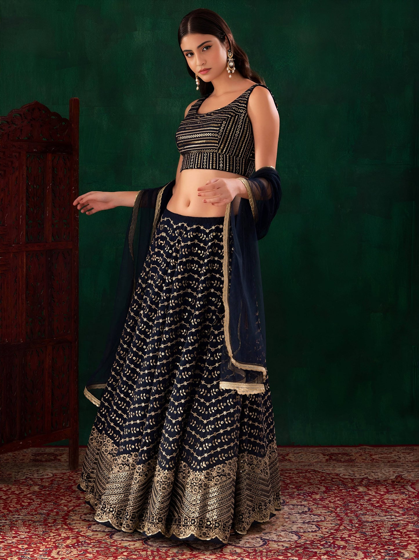 Women's Lehenga in Midnight Blue Georgette with Zari and Multiple Sequins Embroidery