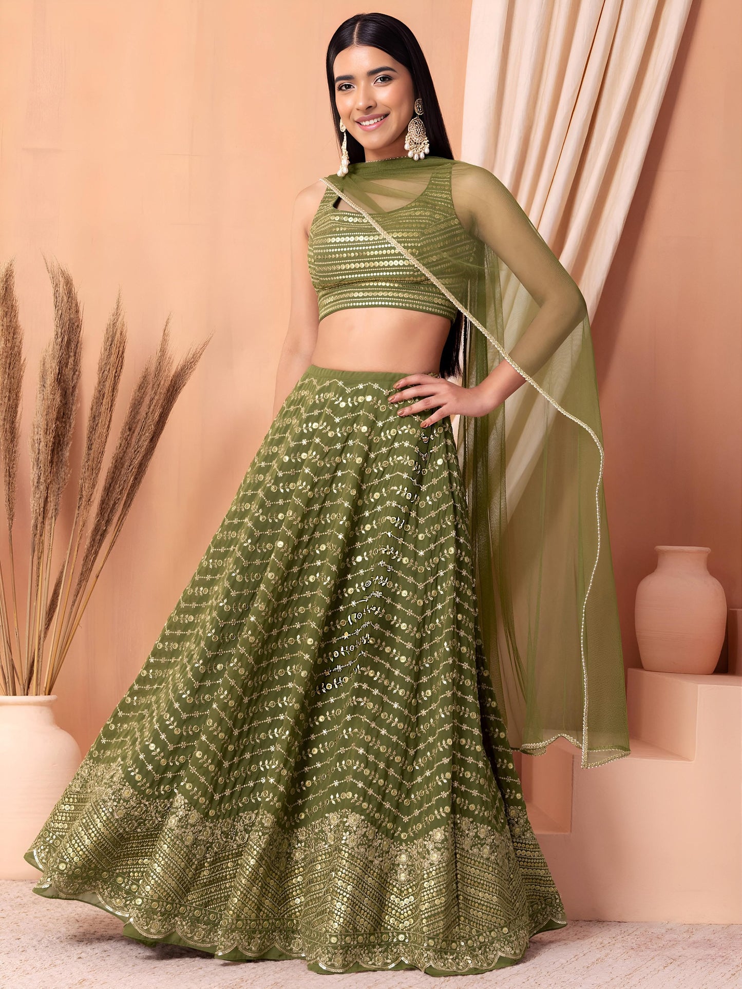 Women's Lehenga in Olive Green Georgette with Thread, Zari and Multiple Sequins Embroidery